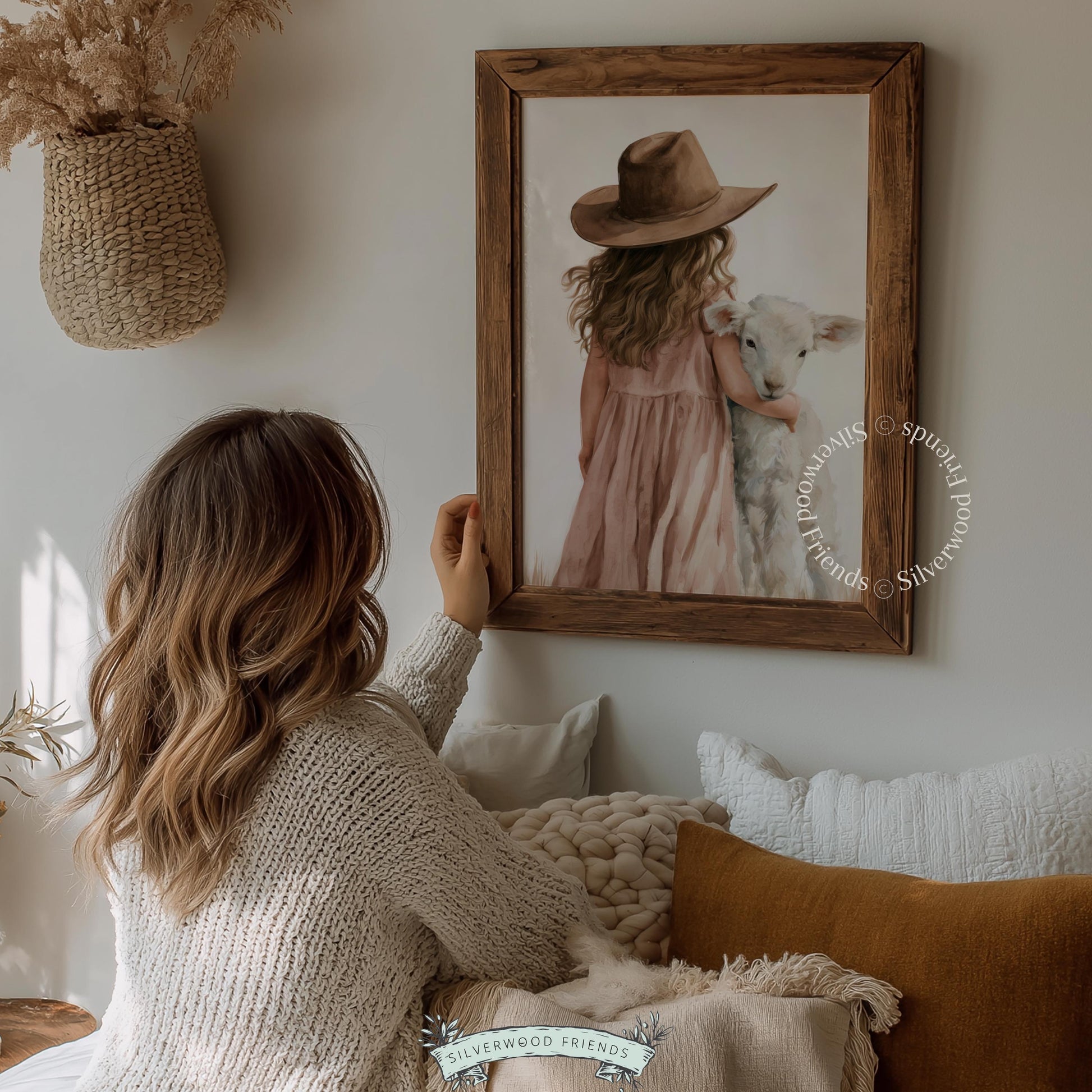 Child and lamb poster for kids room — cozy countryside artwork featuring warm, tender brushwork