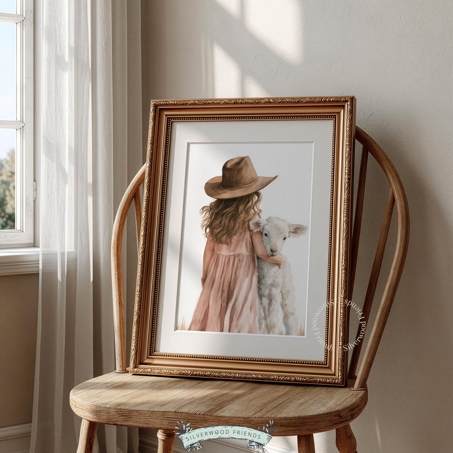 Girl with farm animal poster for kids room — soft brushwork capturing tender childhood moment