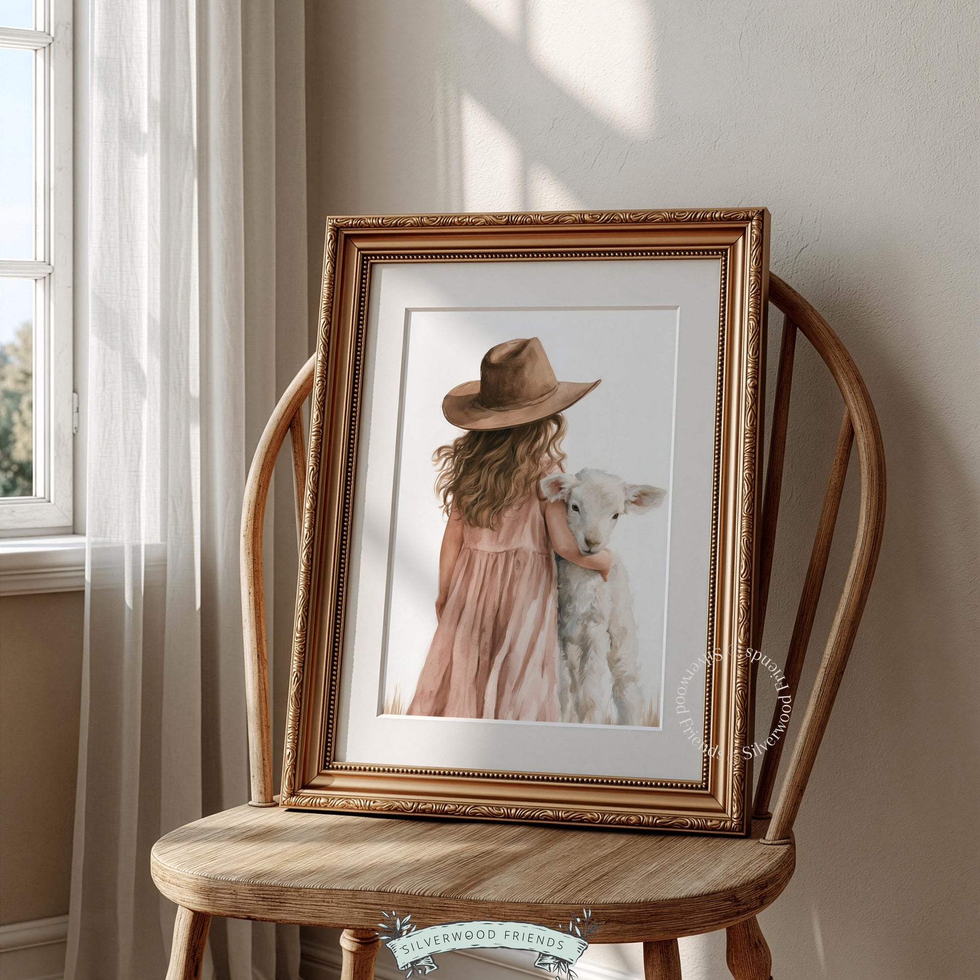 Girl with farm animal poster for kids room — soft brushwork capturing tender childhood moment