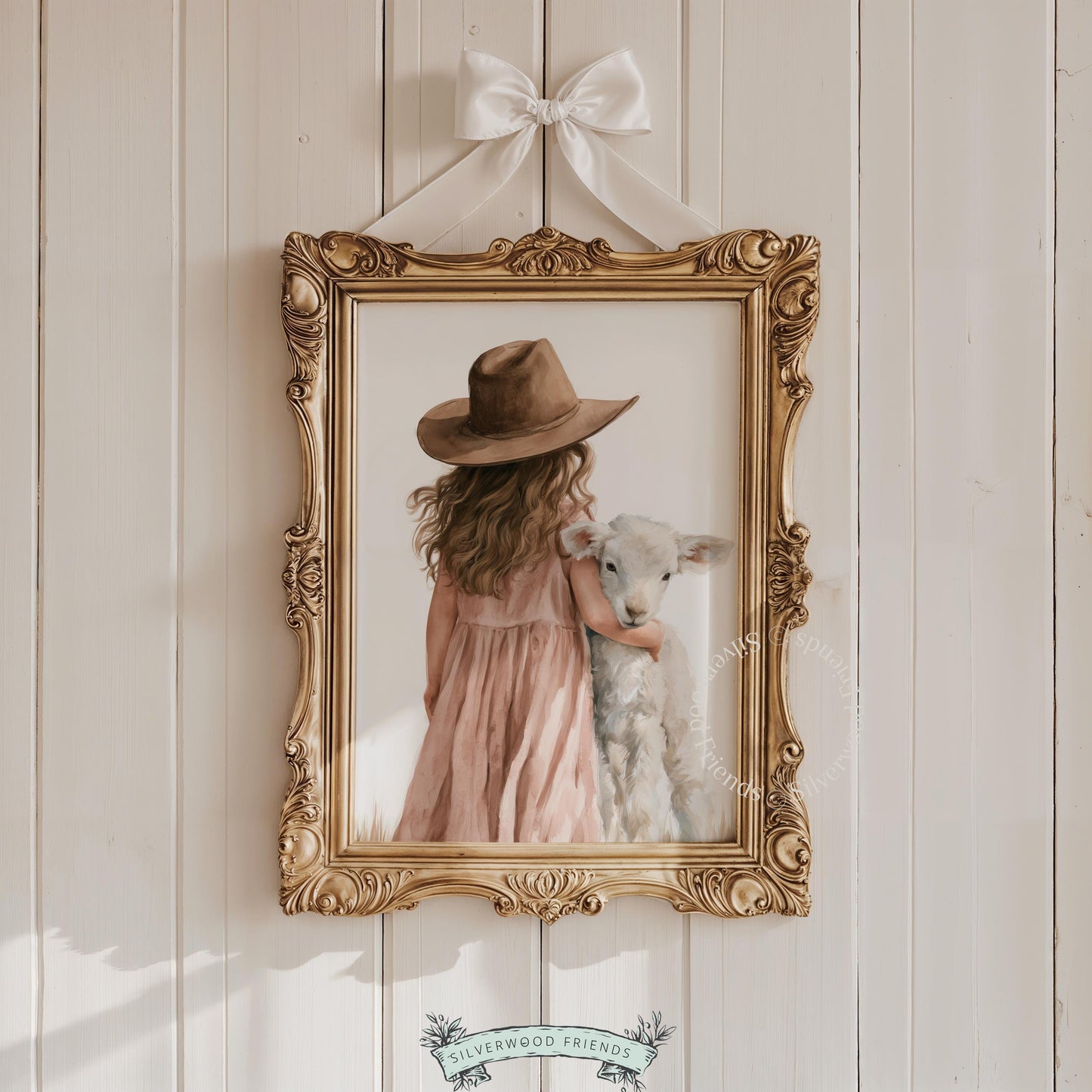 Girl in hat embracing lamb wall art for nursery — delicate watercolor with cottagecore charm