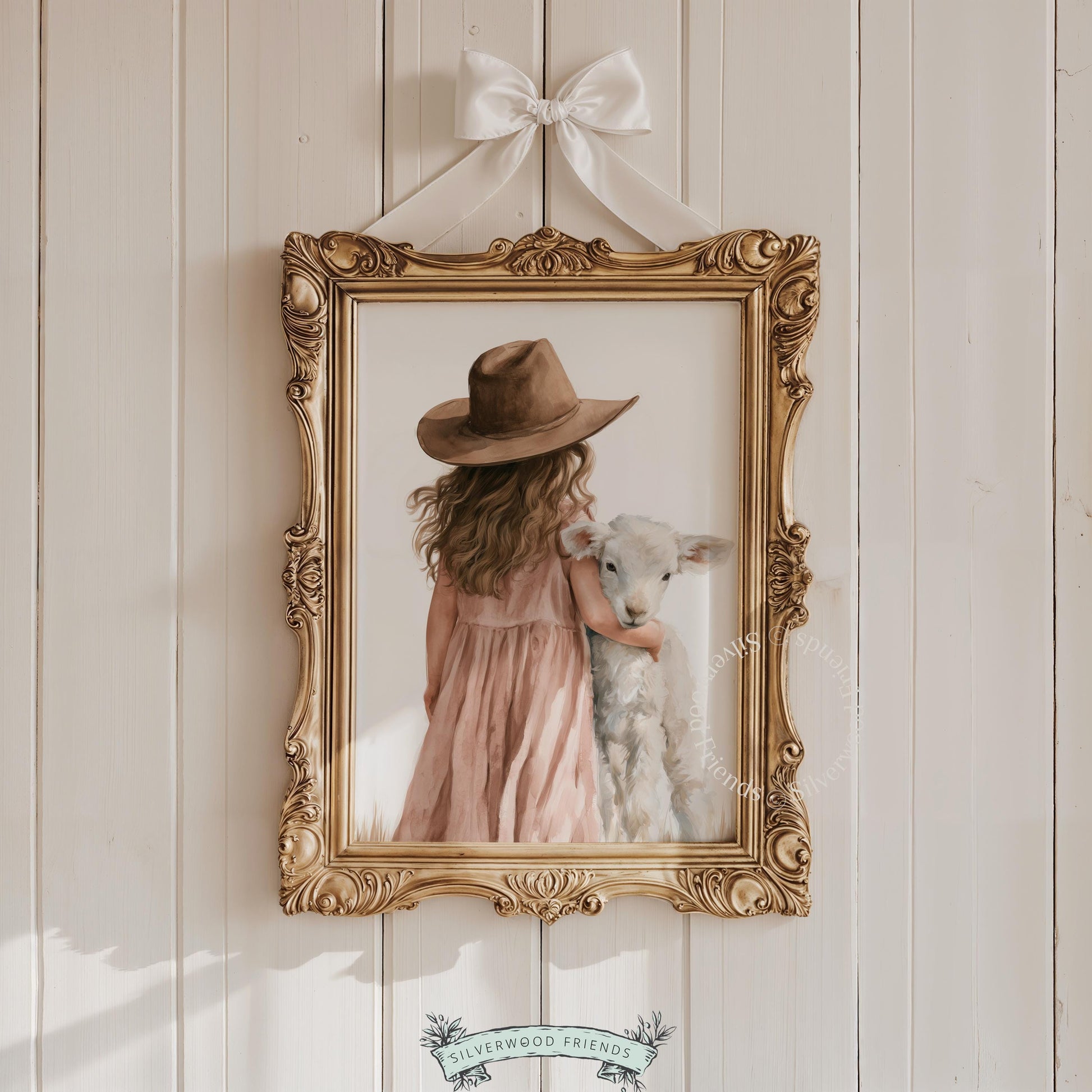 Girl in hat embracing lamb wall art for nursery — delicate watercolor with cottagecore charm