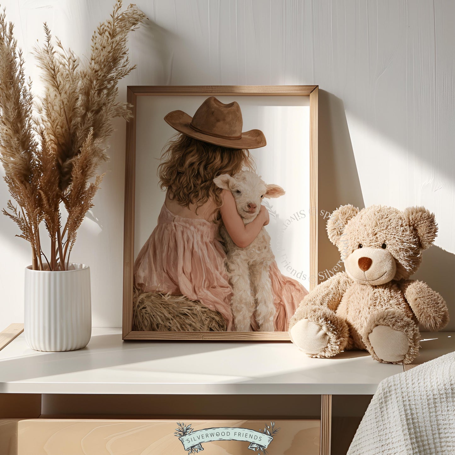 Little cowgirl and lamb digital print for farm nursery — tender brushed artwork in vintage tones