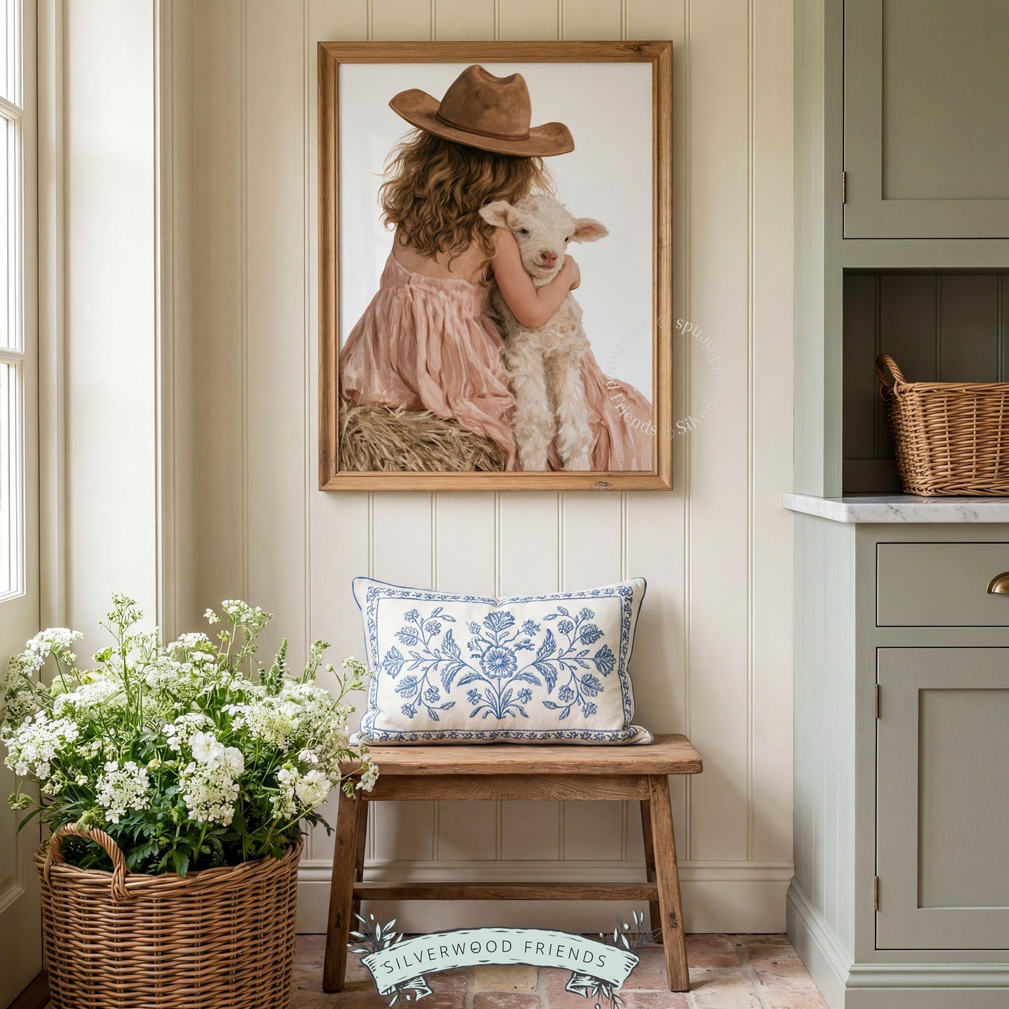 Young cowgirl and fluffy sheep picture for kids bedroom — vintage-inspired rural charm