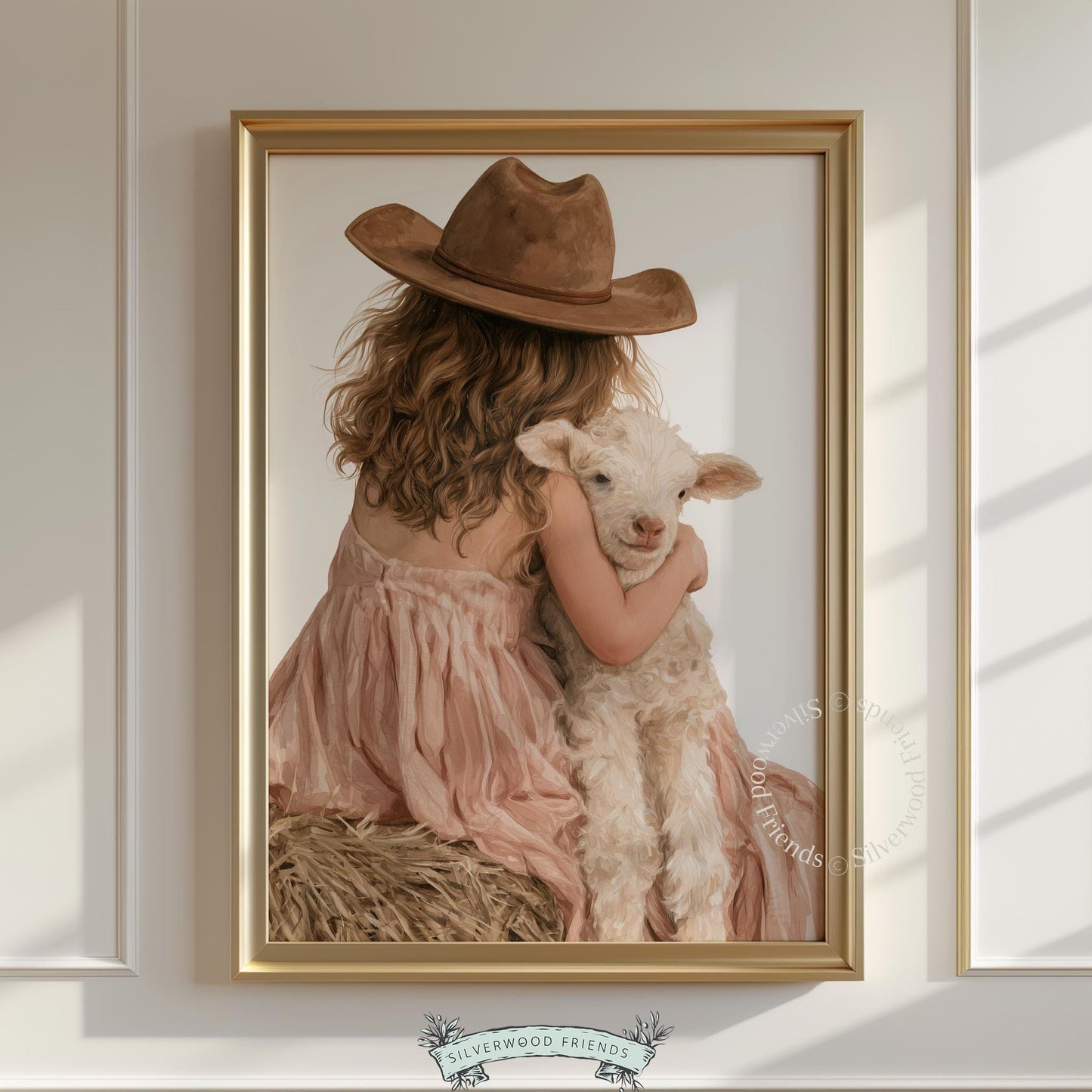 Girl hugging sheep poster for country-themed kids room — cozy pastoral wall art with gentle mood
