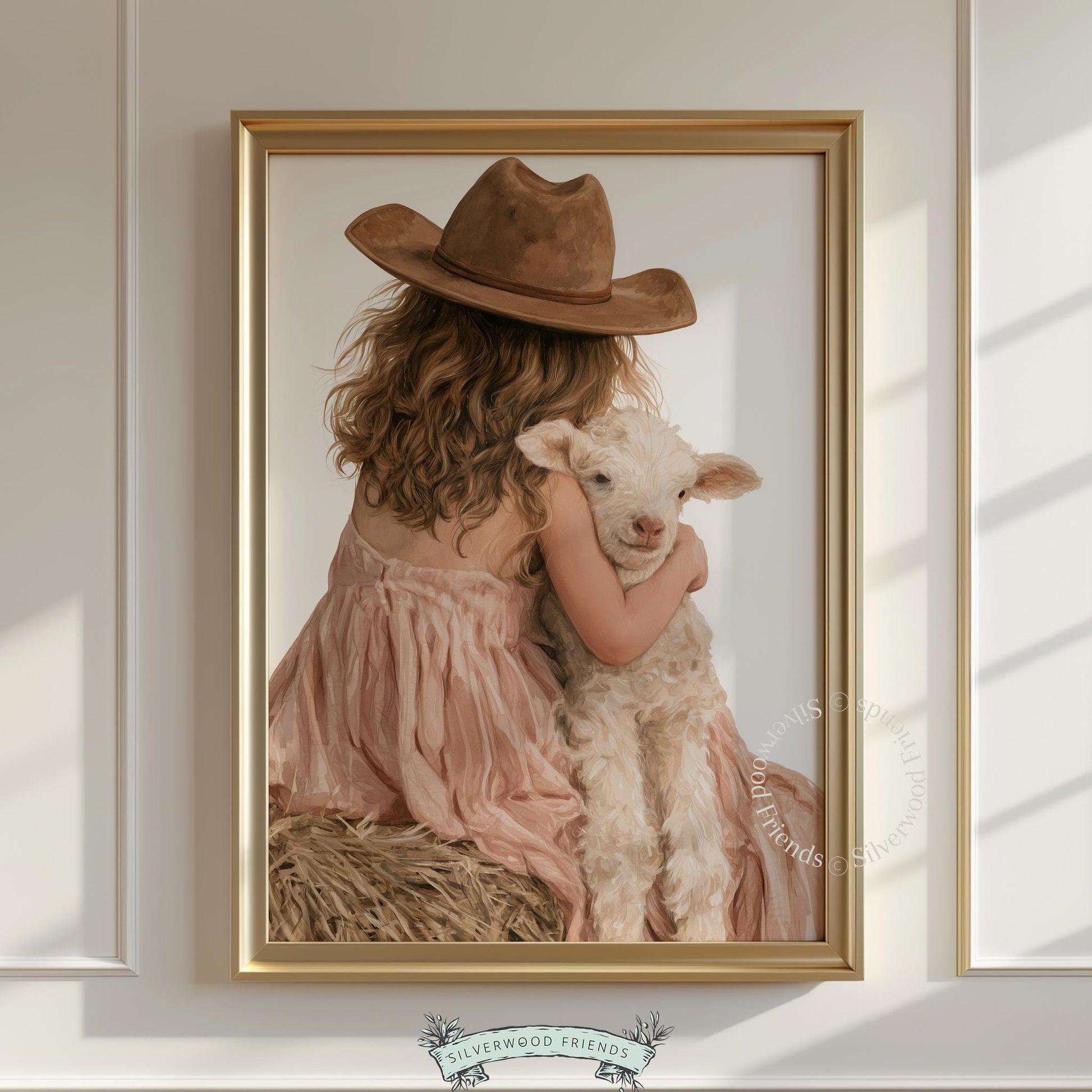 Girl hugging sheep poster for country-themed kids room — cozy pastoral wall art with gentle mood