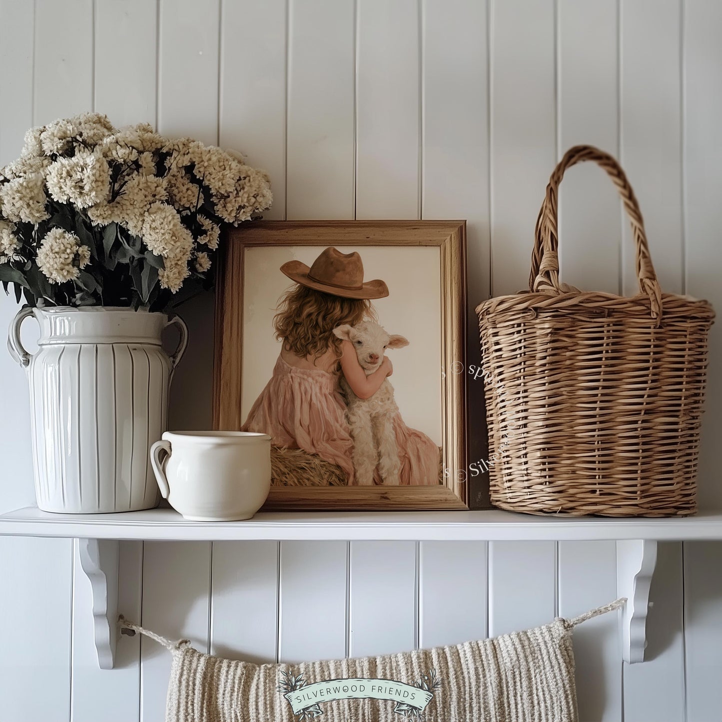 Child and sheep painting for nursery gallery wall — tender pastoral moment with artistic warmth