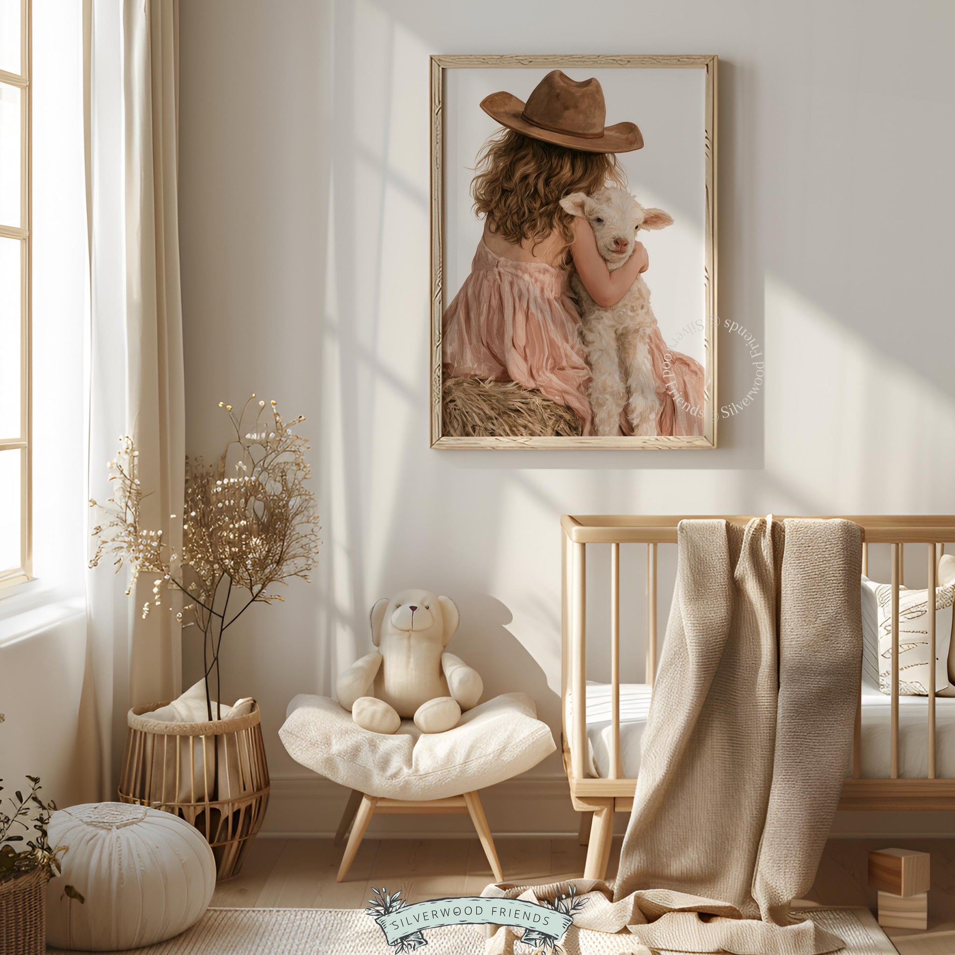 Little girl with sheep poster for playroom — tender moment with rustic hay bale setting