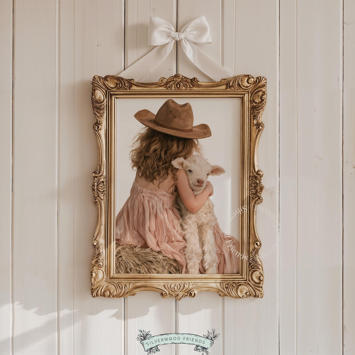 Child embracing lamb wall art instant download for bedroom — charming countryside scene