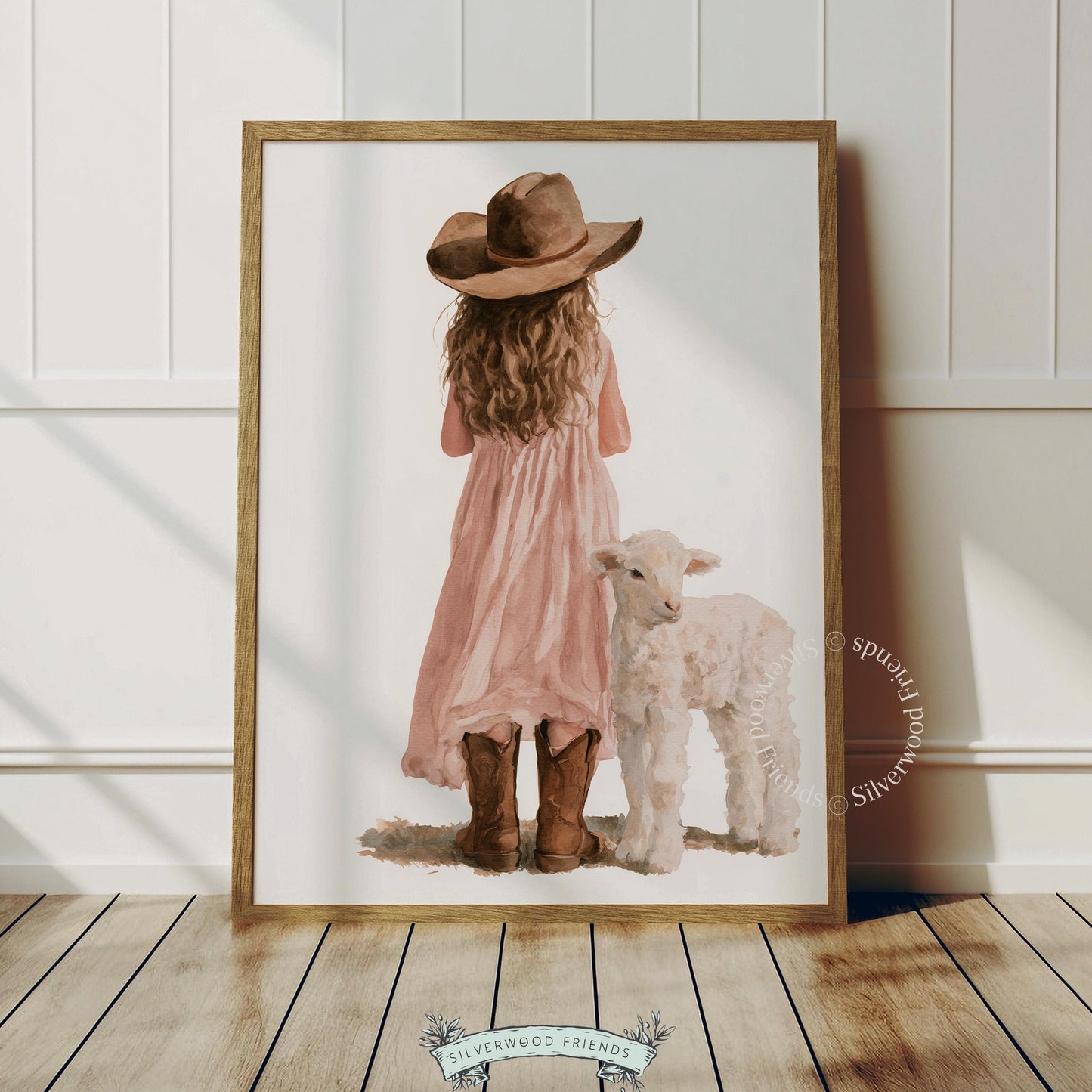 Toddler girl and lamb picture for playroom — charming country-style artwork with warm earth tones