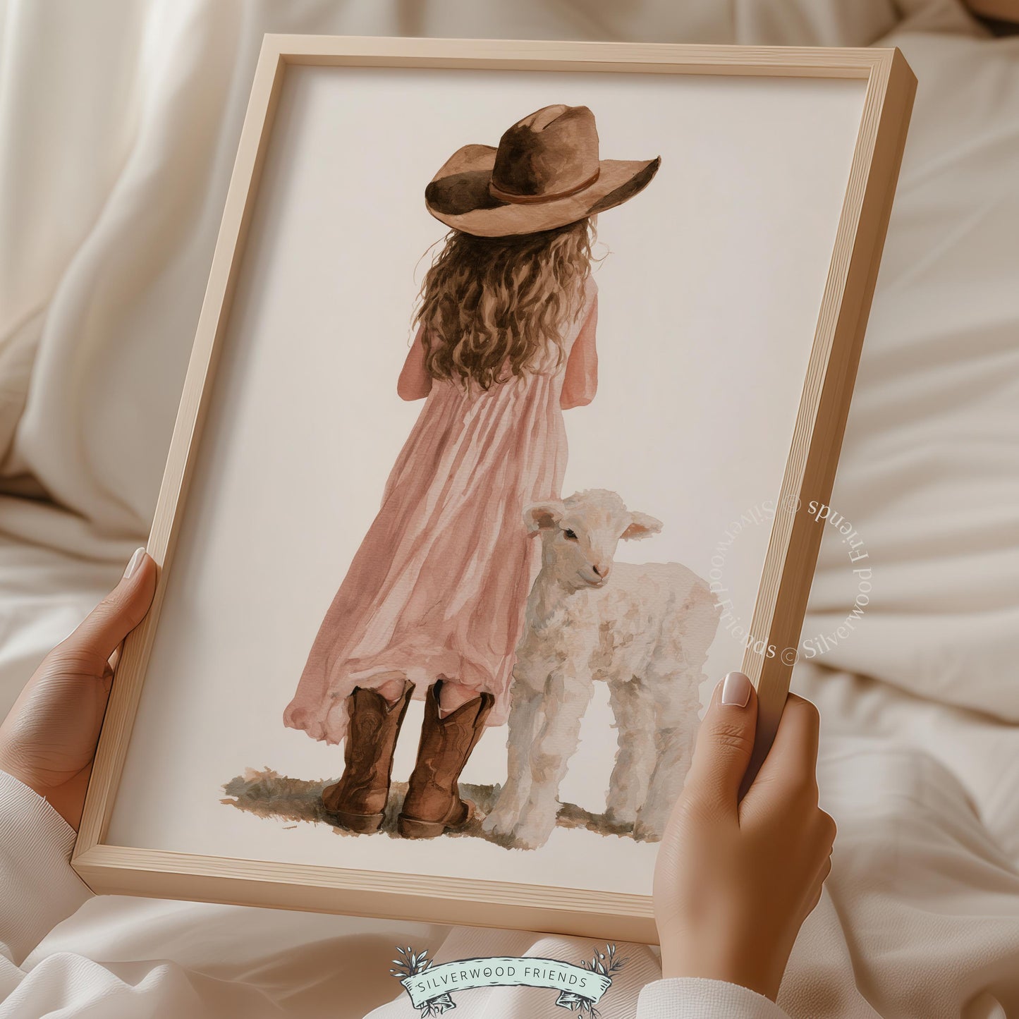 Little girl holding lamb printable wall art — sweet farmhouse-inspired design for baby's room