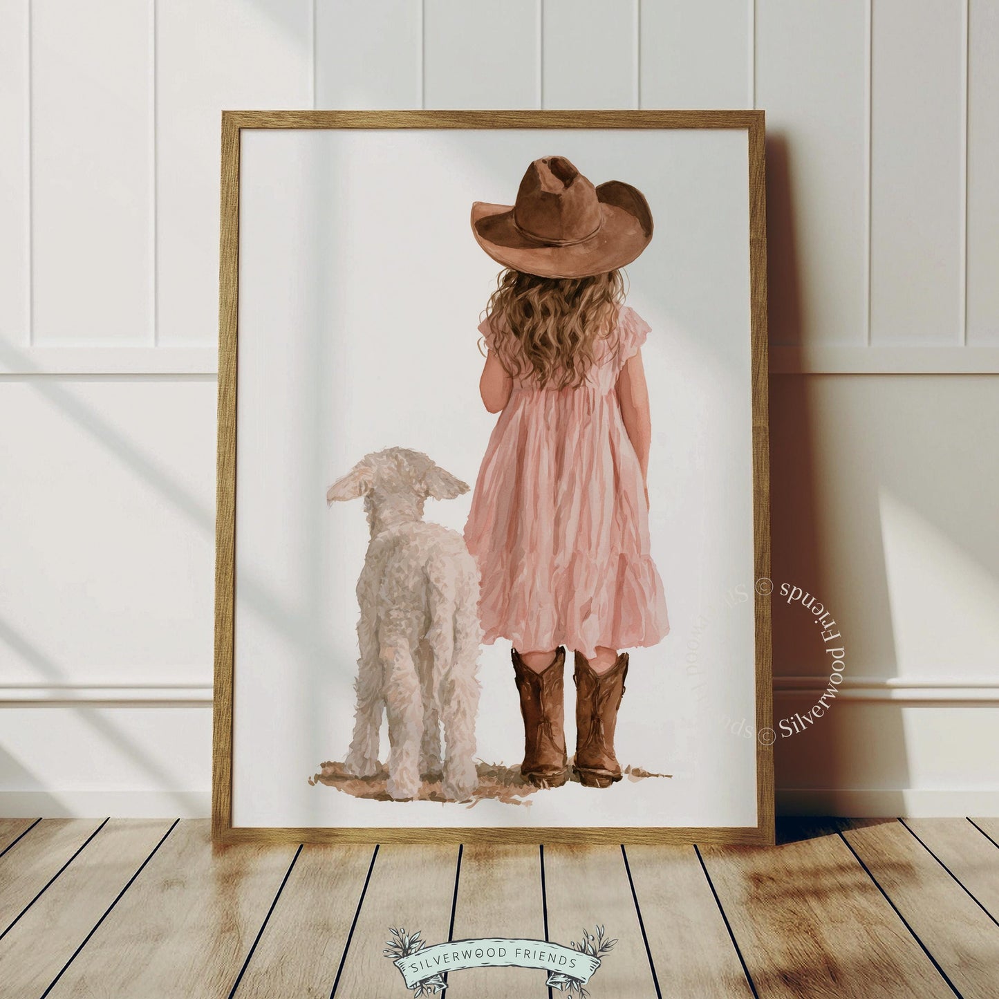 Young child in brown boots with lamb digital artwork for country nursery — warm watercolor farmland scene