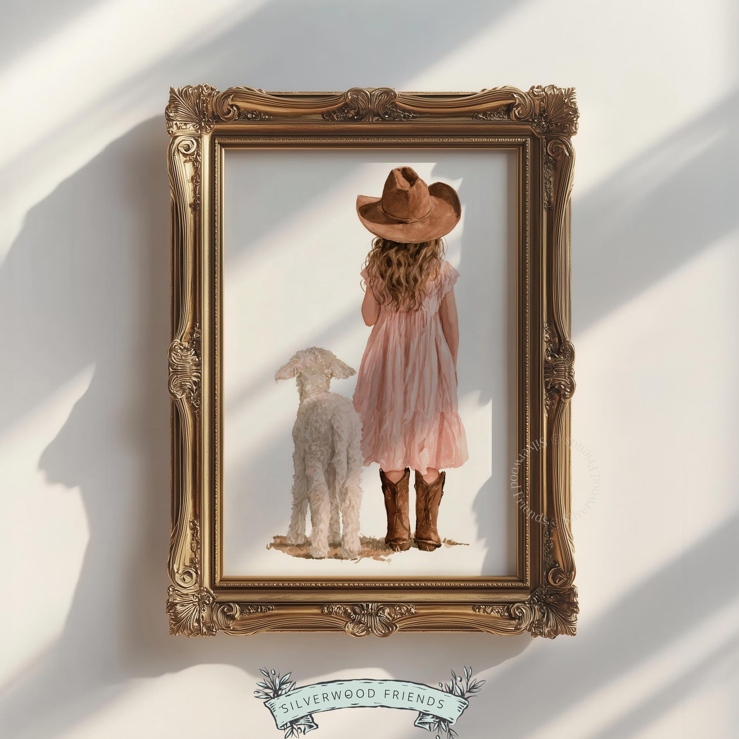 Young girl in pink dress with sheep digital print for baby room — gentle pastoral wall art in warm neutral tones