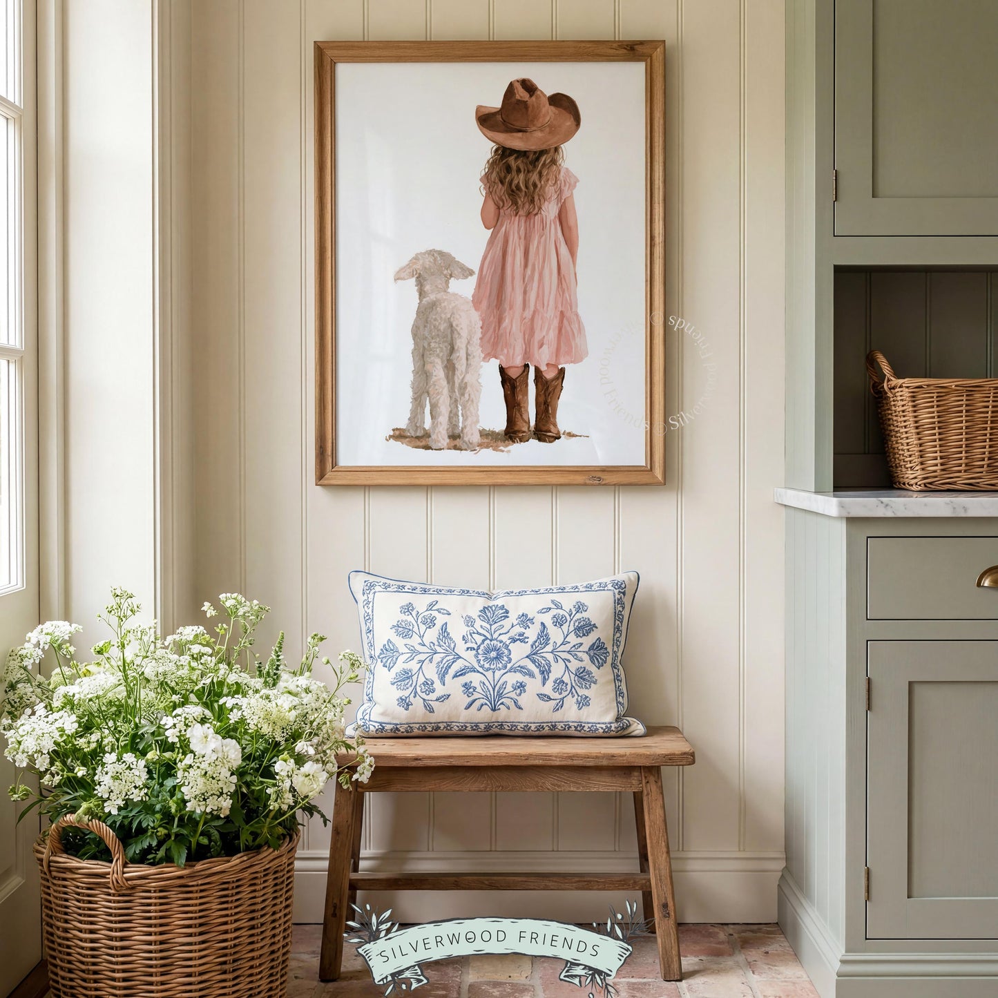 Girl in hat beside sheep printable wall art for baby room — rustic watercolor with warm, soothing tones