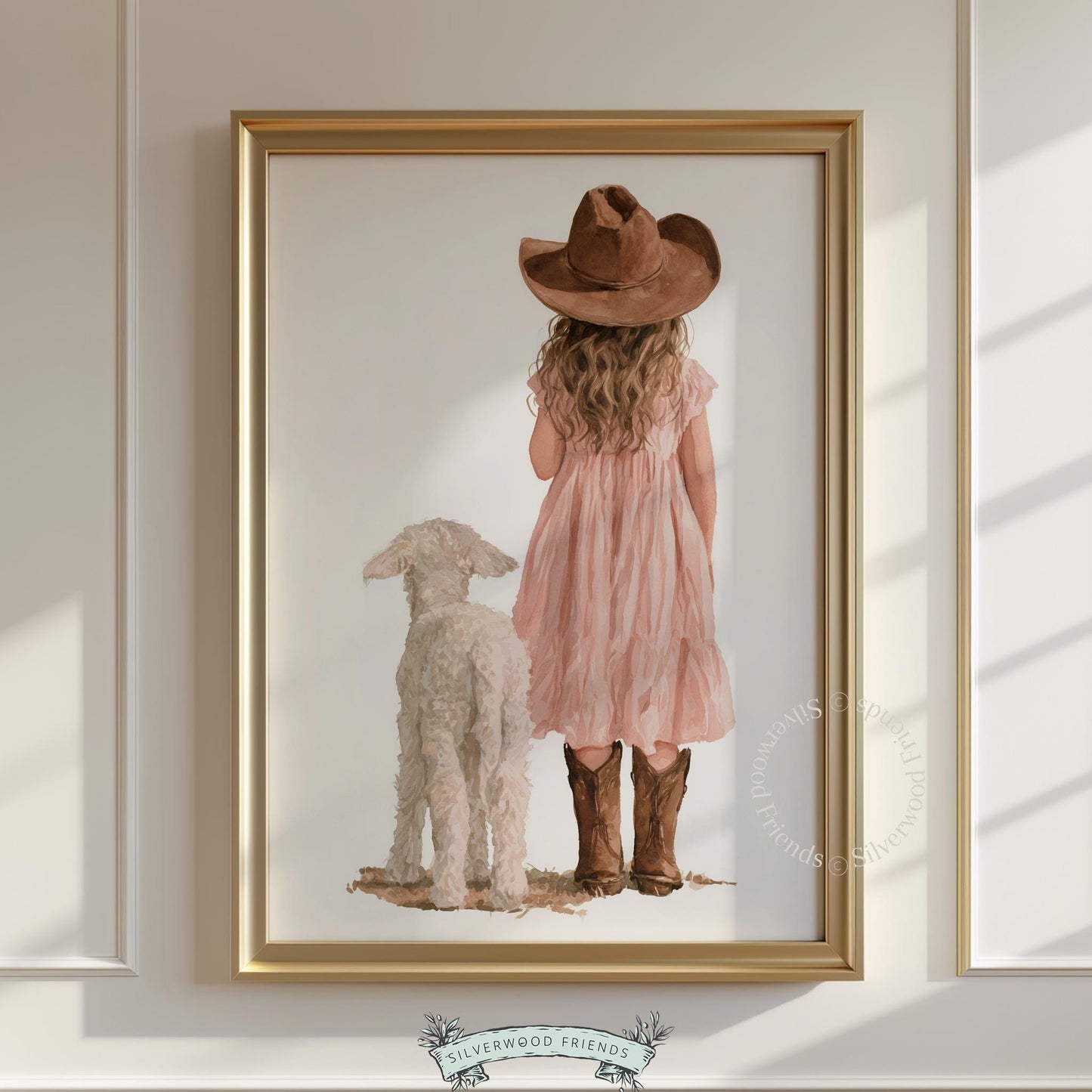 Cowgirl and woolly companion artwork poster for children's room — tender watercolor in soft pastels and neutrals