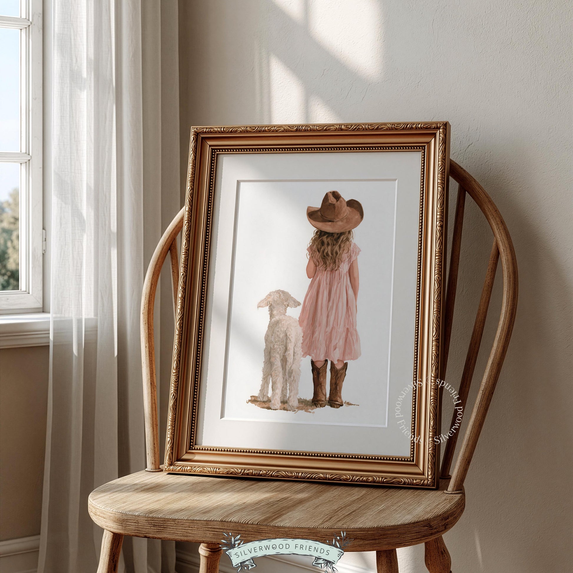 Western girl and lamb picture for playroom wall art — soft, dreamy watercolor with gentle rustic charm