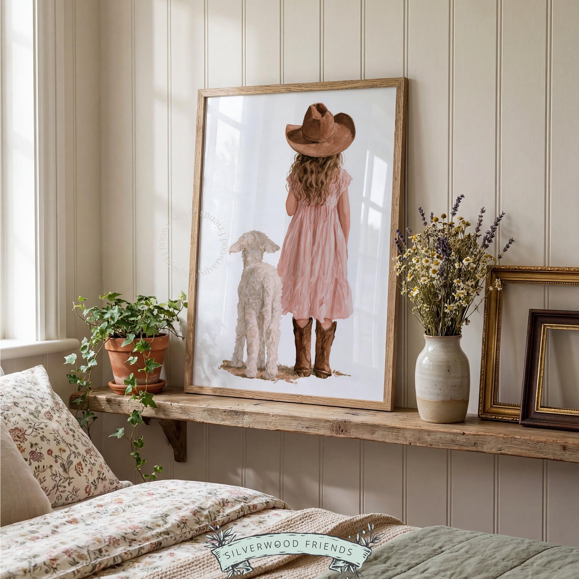 Toddler cowgirl beside sheep printable poster for kids bedroom — warm-toned watercolor farmland wall décor