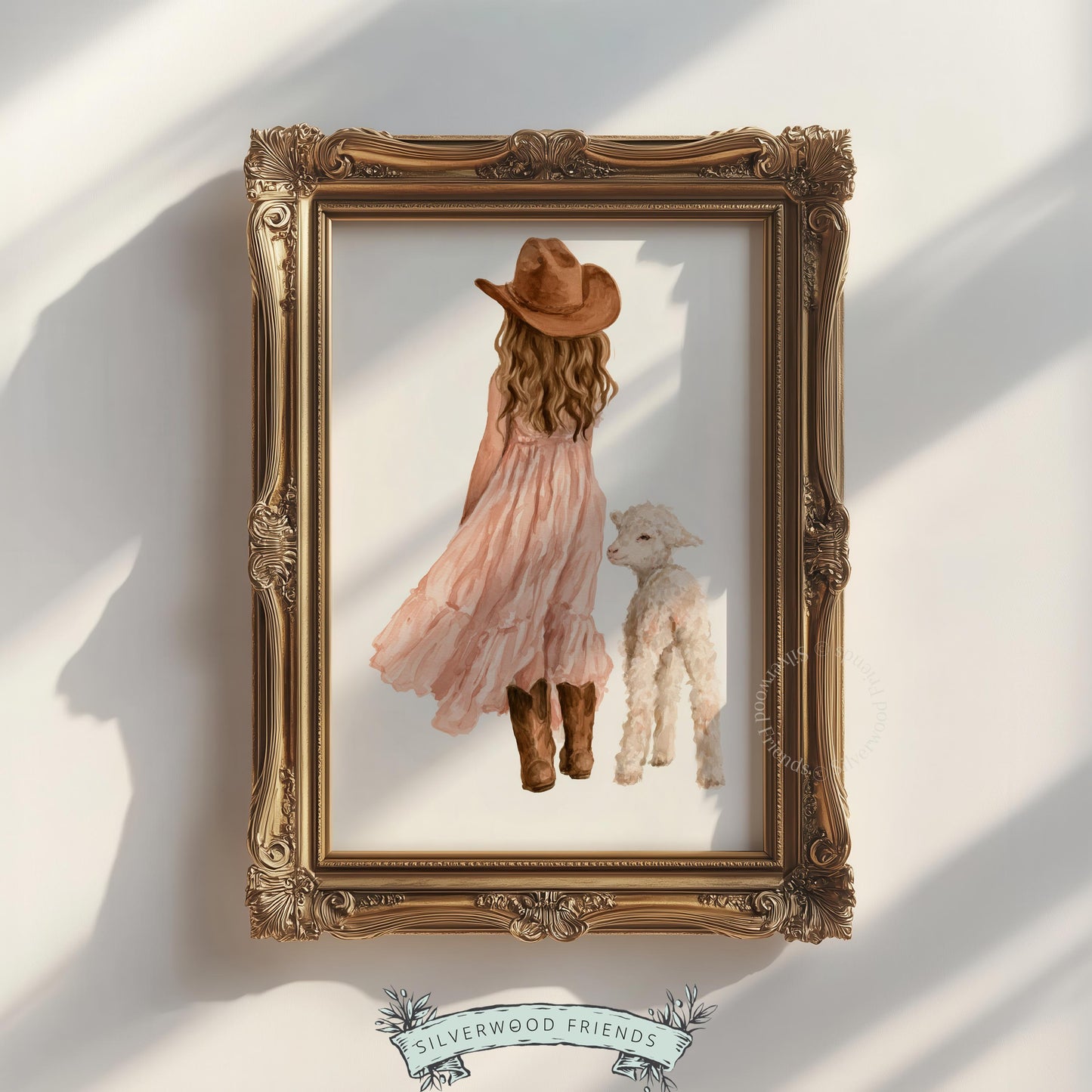 Adorable lamb and cowgirl instant download print — peaceful farm nursery illustration in soft peachy tones