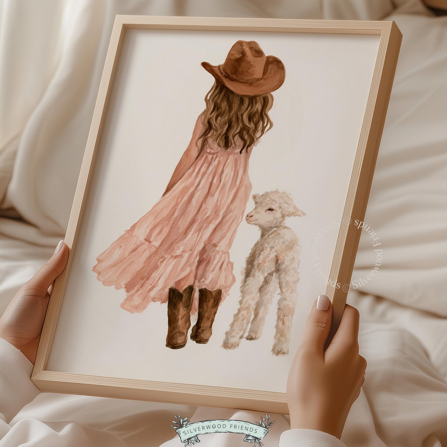Rural childhood scene wall art for crib room — watercolor girl in cowboy boots with fluffy companion