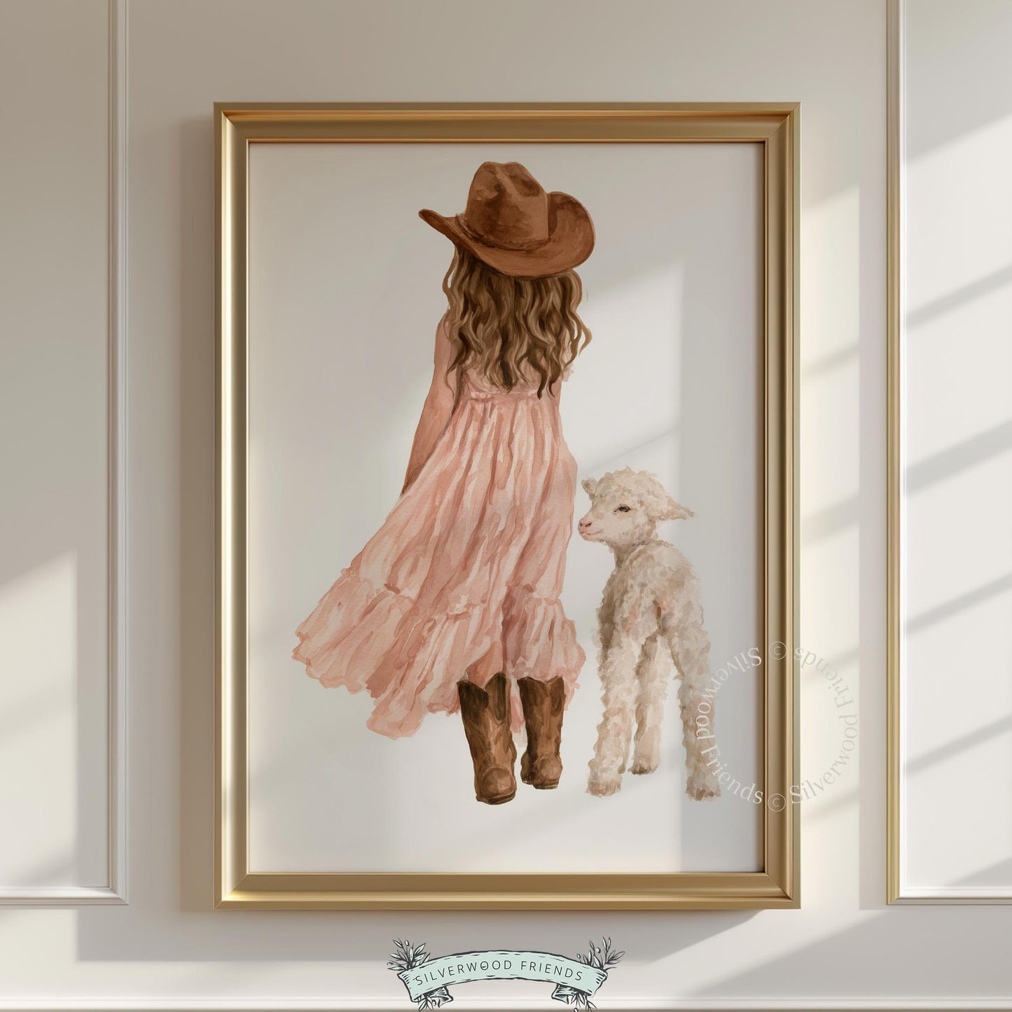 Girl in cowboy hat holding lamb digital print for baby nursery — gentle watercolor farmhouse illustration