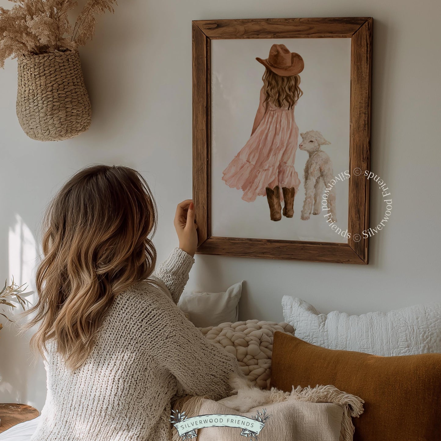 Kids country poster with girl in pink dress and lamb — charming farm animal nursery art in soft pastels