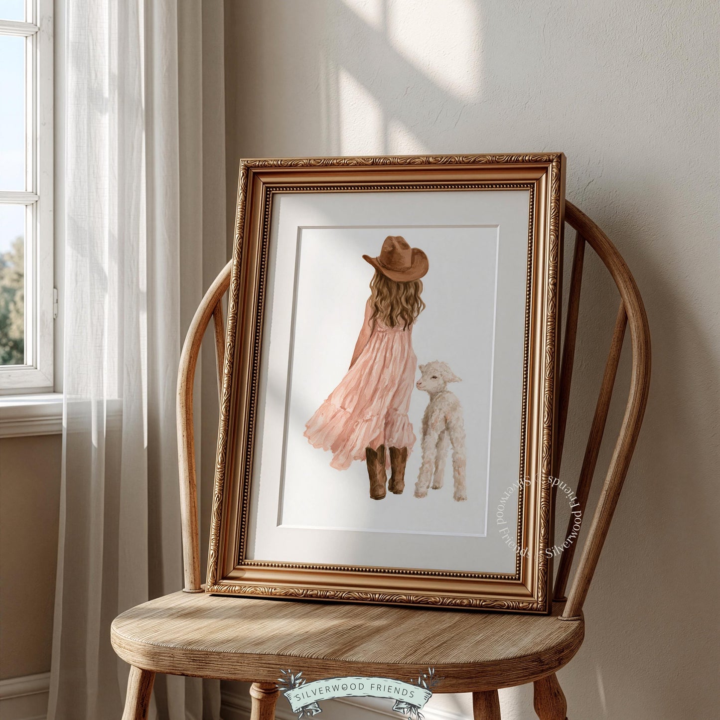 Sweet pastoral printable wall art for baby room — little cowgirl bonding with white lamb in warm hues