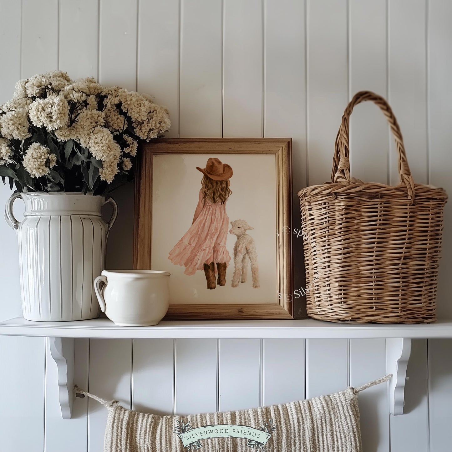 Little cowgirl and baby sheep wall art for kids room — dusty rose palette with charming rural aesthetic