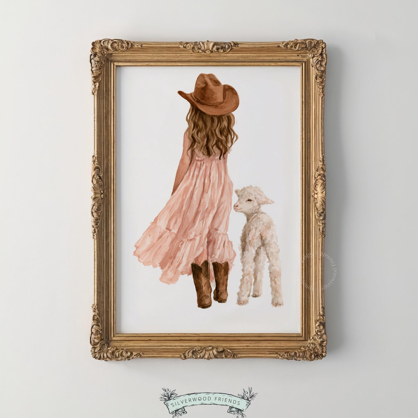 Country girl with sheep artwork for kids playroom — tender watercolor scene with rustic charm