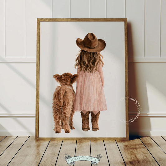 Girl with cowboy hat and highland cow calf artwork — gentle farmhouse watercolor print for country kid's bedroom