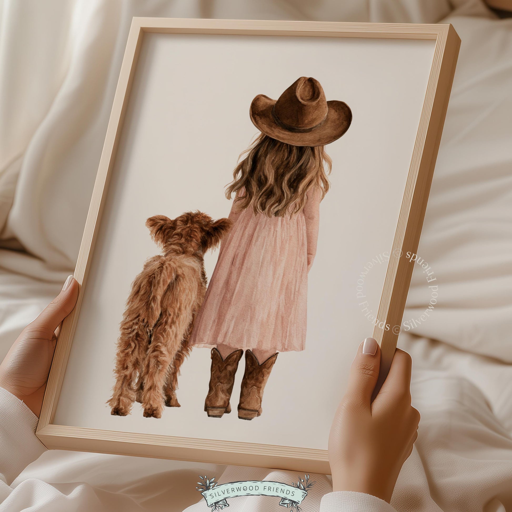 Young girl in cowboy hat with fluffy calf printable art for baby room — soft neutral tones and cozy country aesthetic