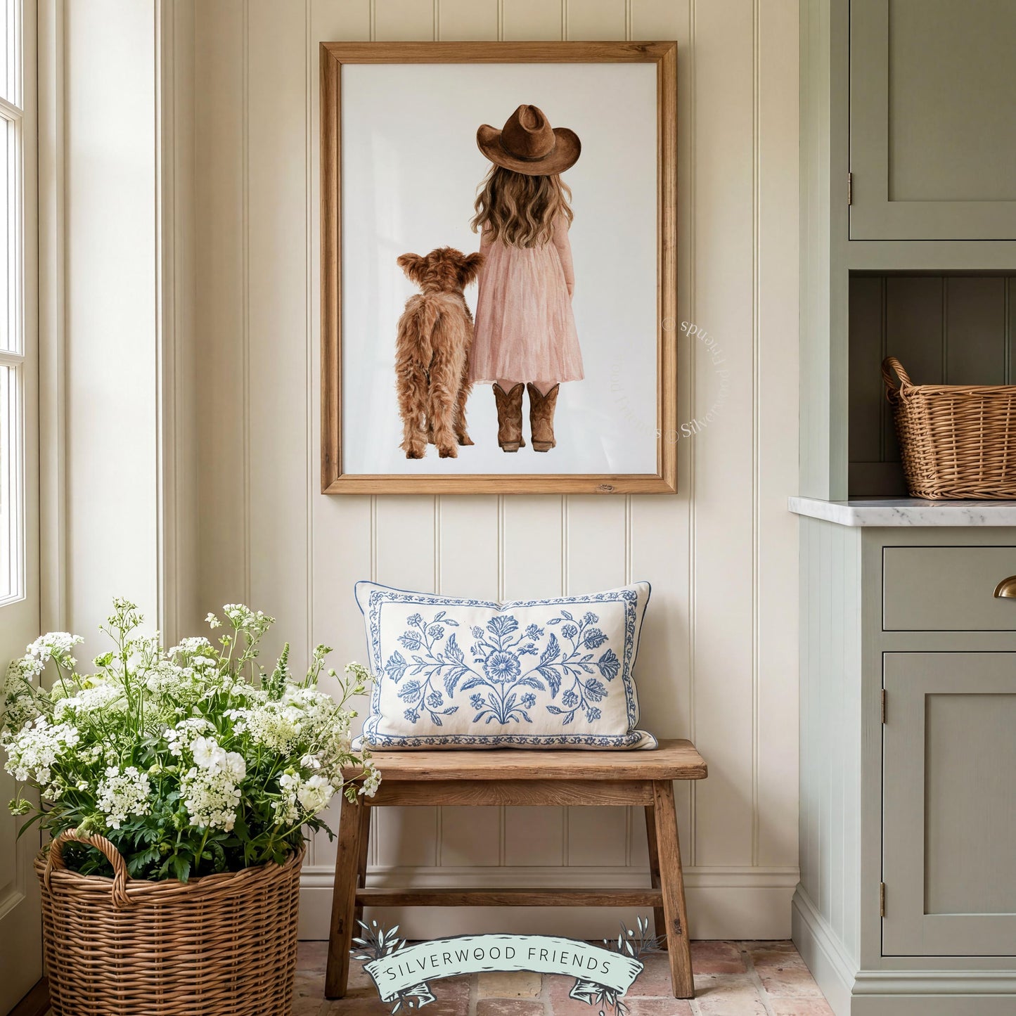 Cowgirl with highland cattle digital download art for playroom — gentle watercolor pastoral scene in earth tones