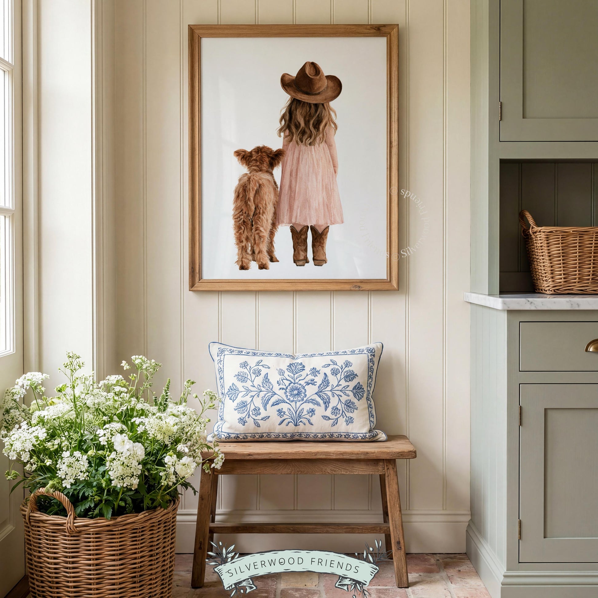 Cowgirl with highland cattle digital download art for playroom — gentle watercolor pastoral scene in earth tones