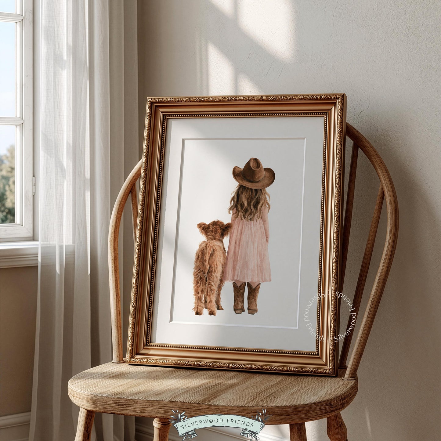 Young cowgirl standing with fluffy highland calf digital artwork — soft watercolor for country-themed nursery decor
