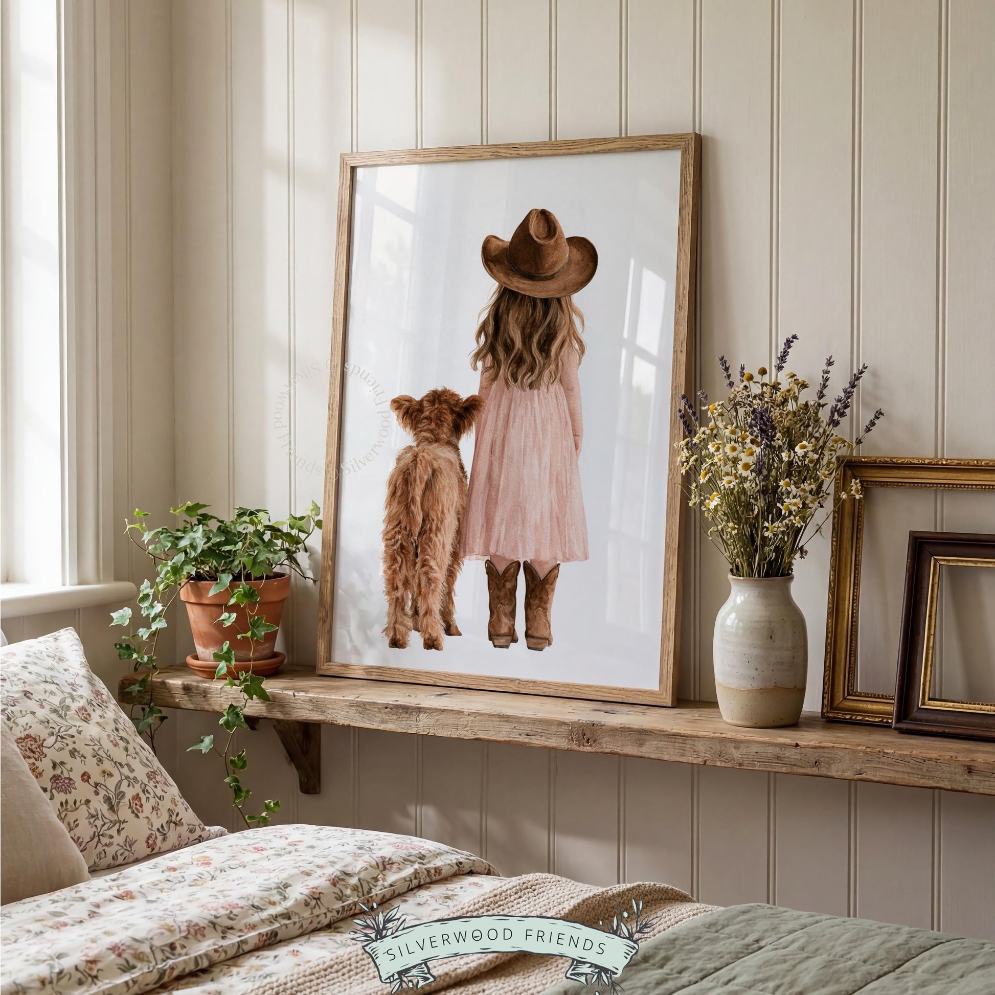 Brown calf and girl in pink dress wall print for baby room — warm creamy farmhouse illustration with rustic charm