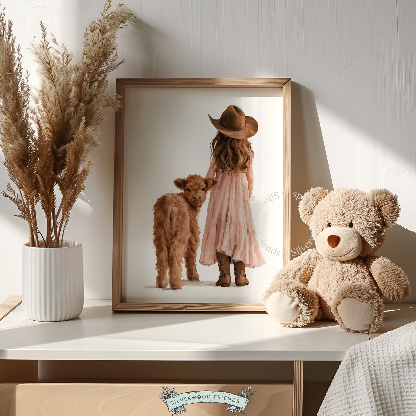 Girl with wavy hair and fluffy farm calf digital art for baby room — cozy western-themed wall print with warm neutrals