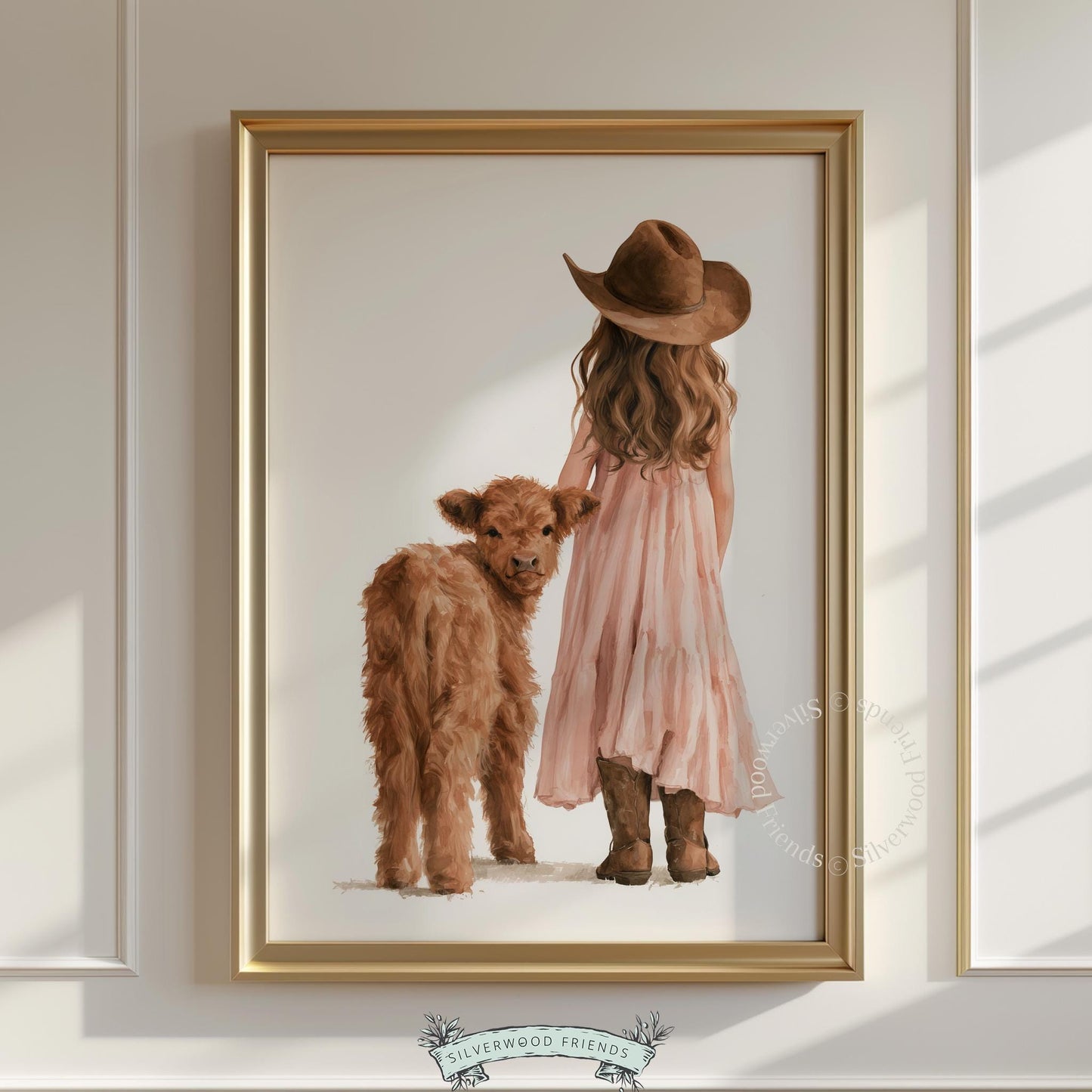Little cowgirl beside adorable highland cow calf wall art for playroom — gentle countryside illustration in watercolor