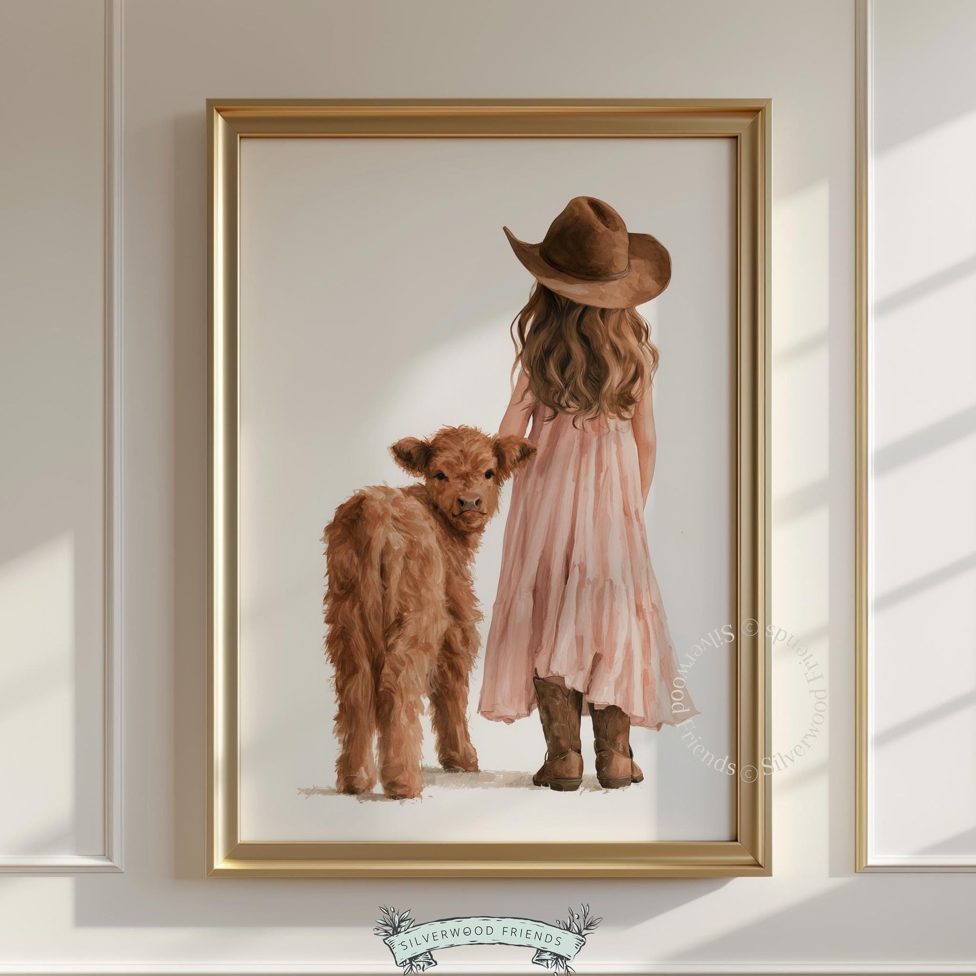 Little cowgirl beside adorable highland cow calf wall art for playroom — gentle countryside illustration in watercolor
