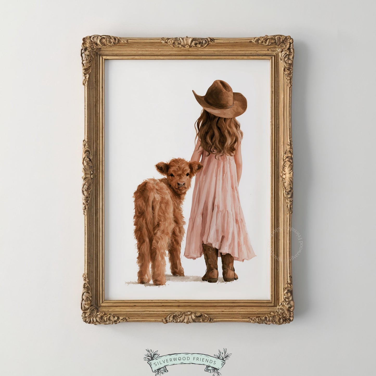 Cowboy hat child and brown highland calf digital print for baby room — cottagecore artwork with blush and brown hues