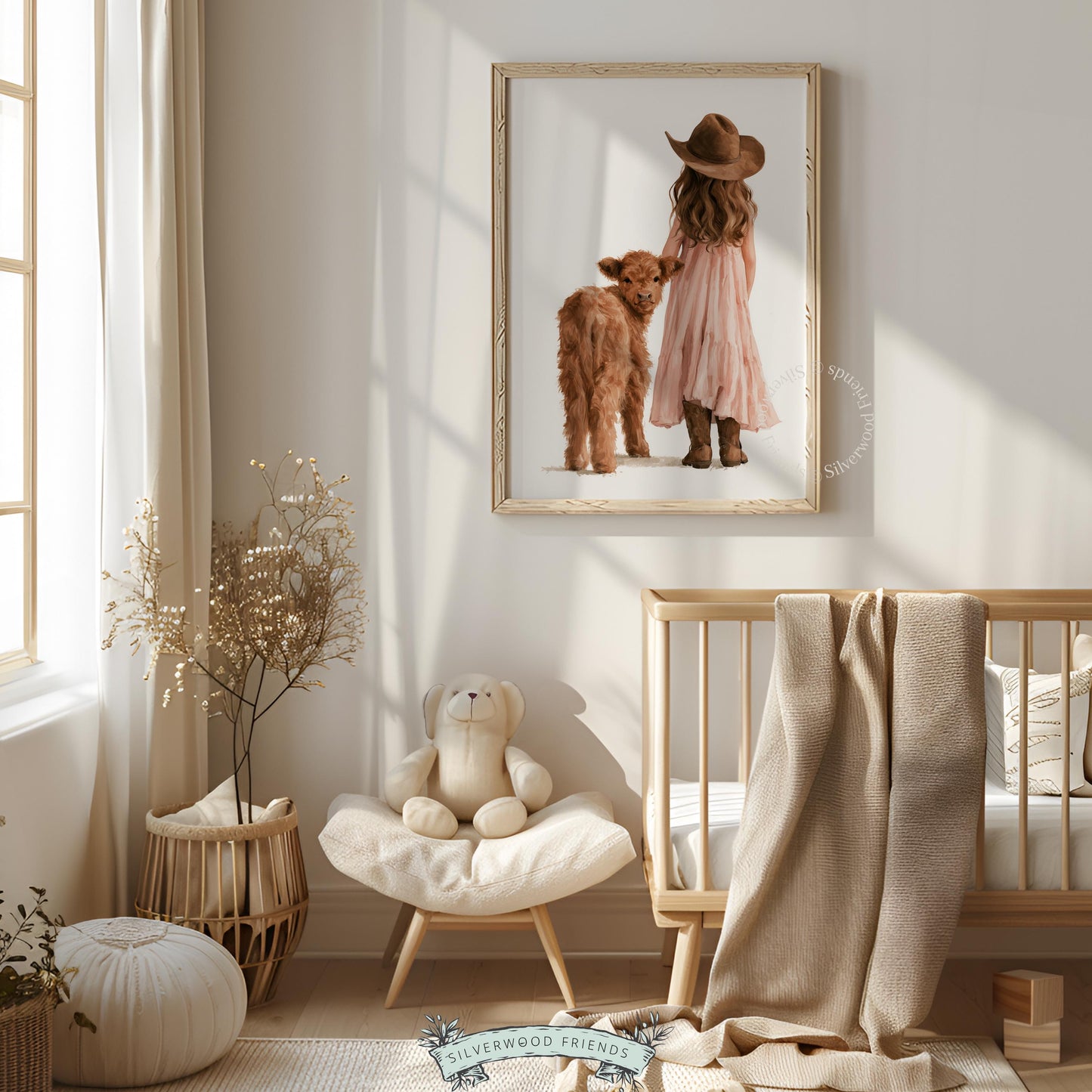 Young girl in pink tiered dress and calf artwork for toddler bedroom — sweet rural scene in warm watercolor technique