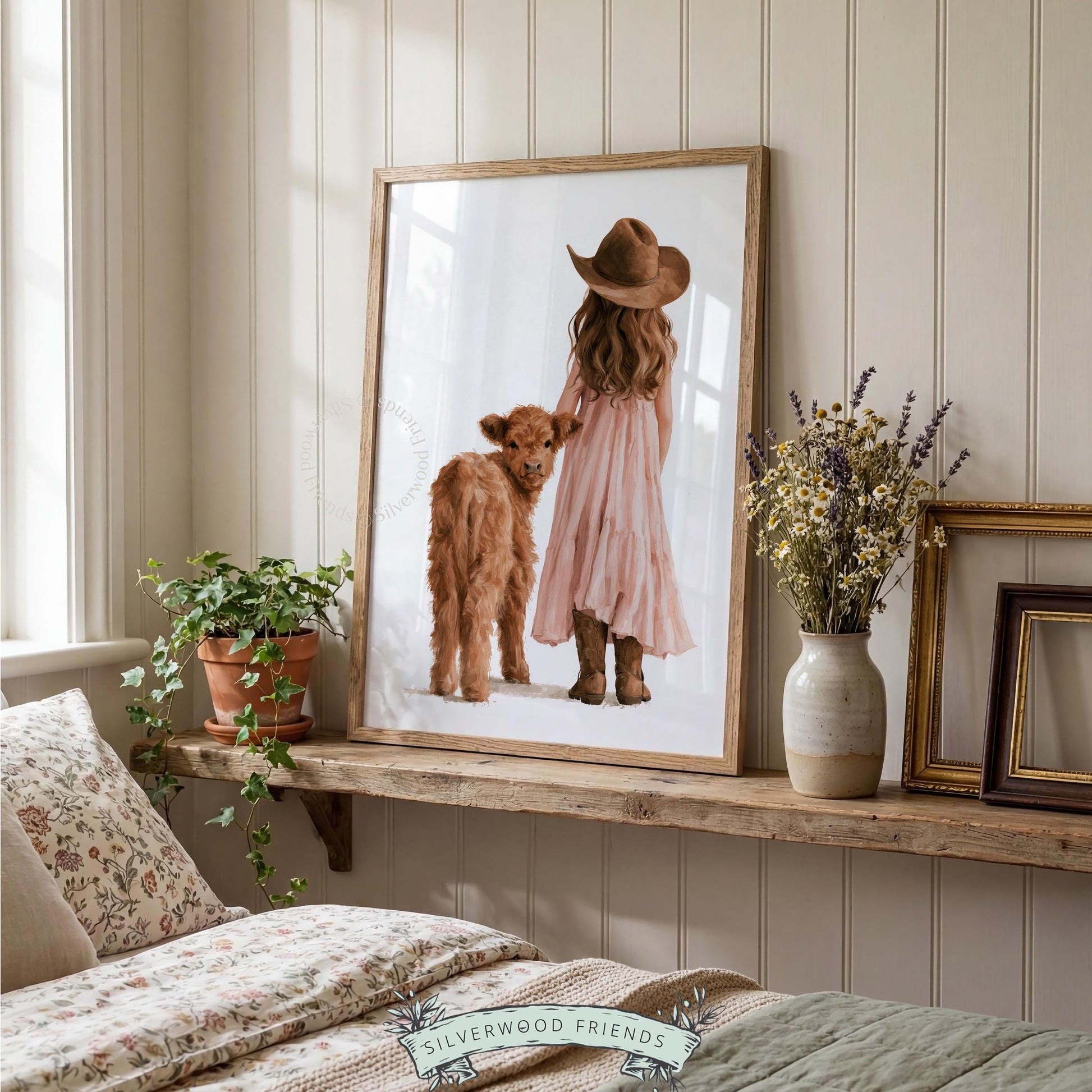 Cowgirl figure with highland calf gallery wall art for kids room — whimsical farmhouse painting with blush and brown tones