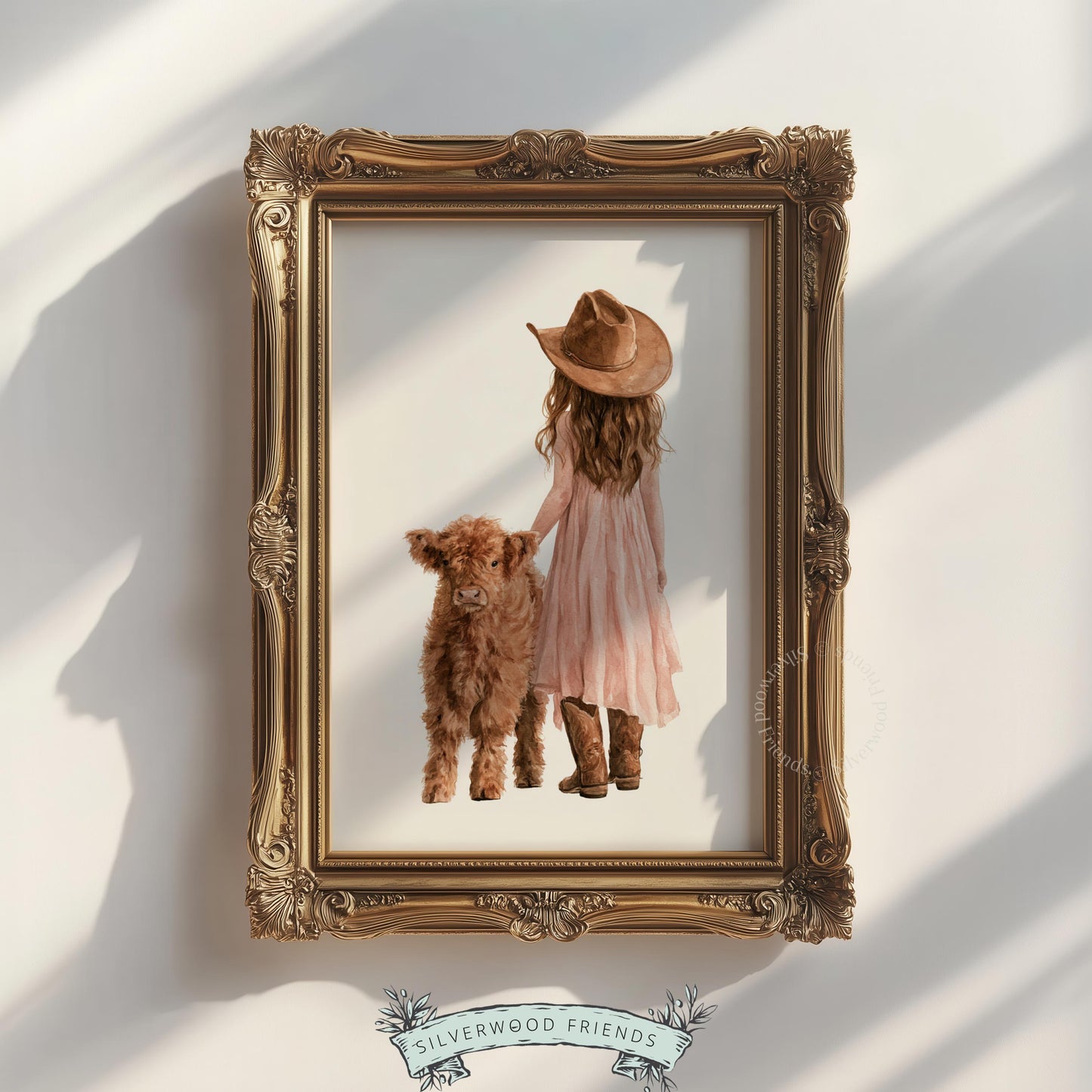 Rustic cowgirl wall decor for baby room — watercolor art with brown boots and cream backdrop