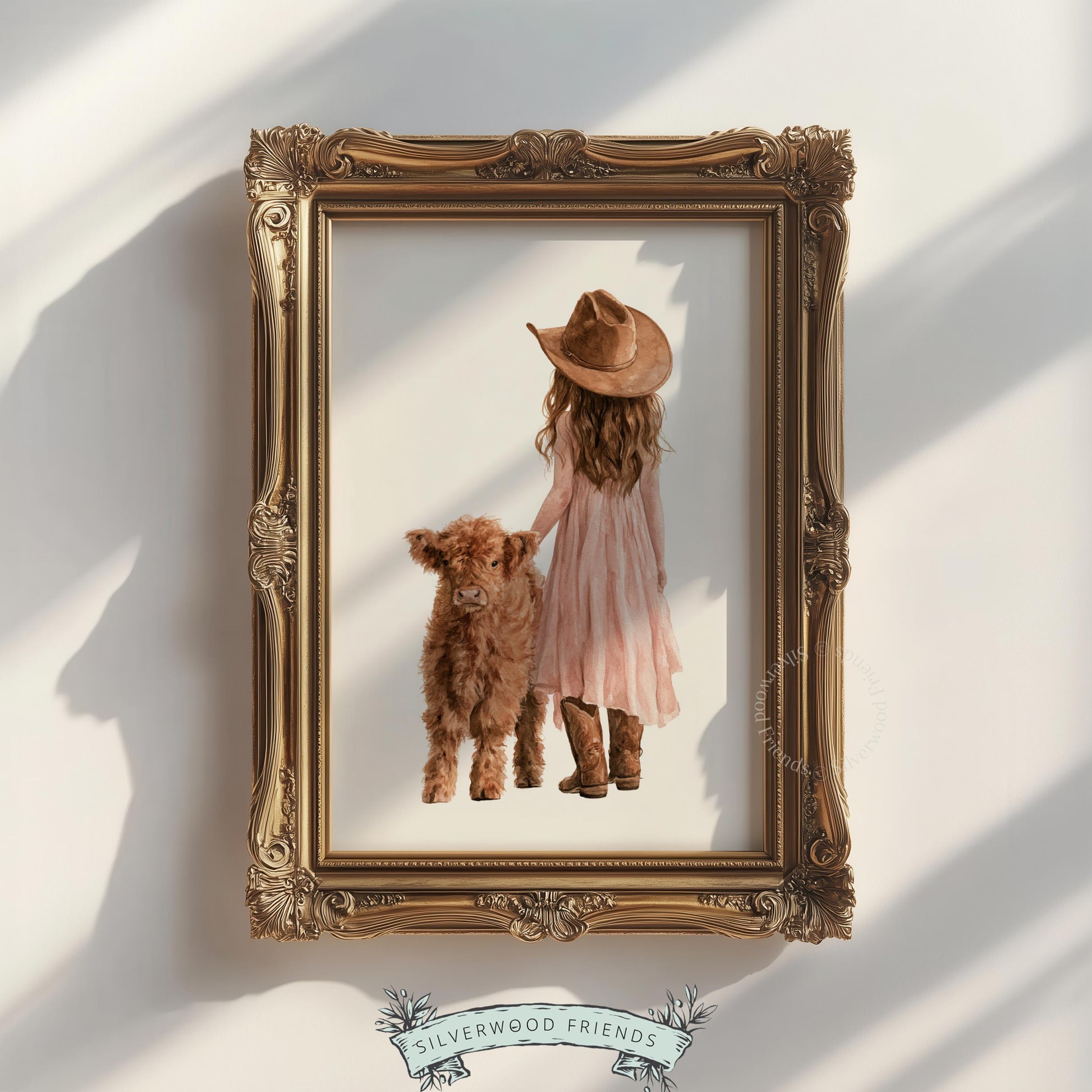Rustic cowgirl wall decor for baby room — watercolor art with brown boots and cream backdrop