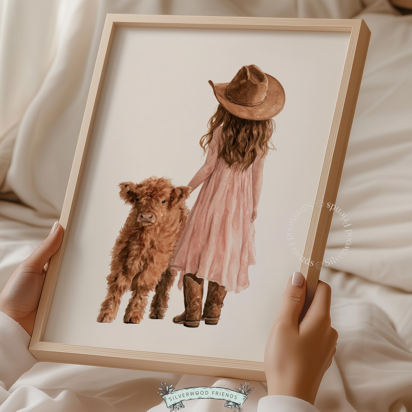 Pink playroom decor with cowgirl and young highland calf — soft warm illustration for children's room