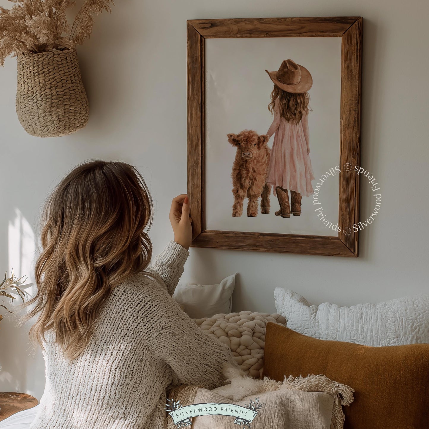 Country playroom wall art with young rancher and highland calf — warm earthy watercolor palette