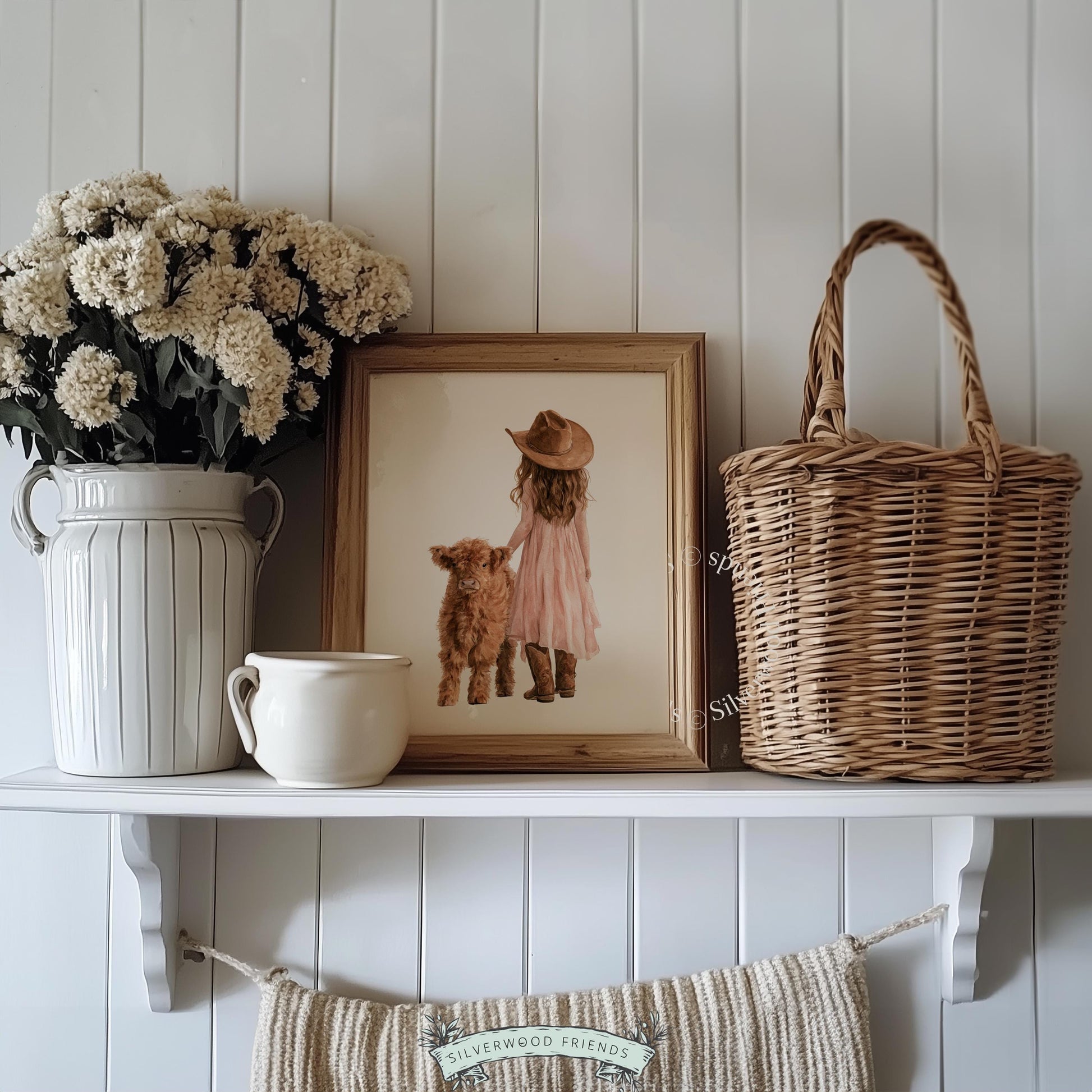 Farmhouse nursery poster with girl and highland calf — soft pastels and light background