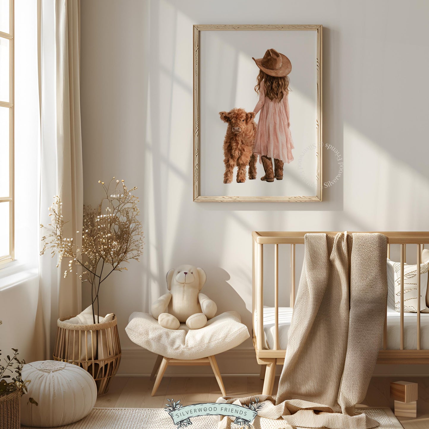 Young girl with baby cow wall art for kids room — blush pink dress and rustic farmhouse aesthetic
