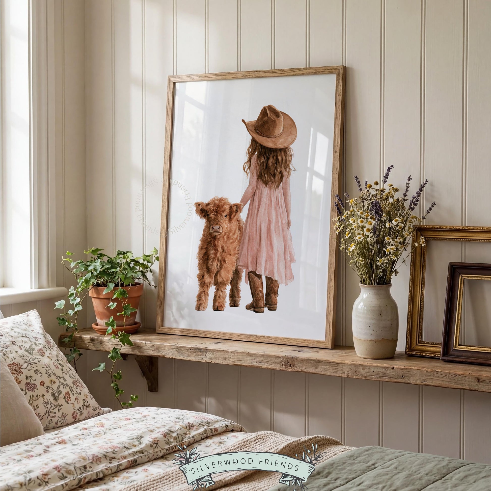 Rustic farm nursery print featuring child and calf — gentle watercolor in cream, blush, and brown