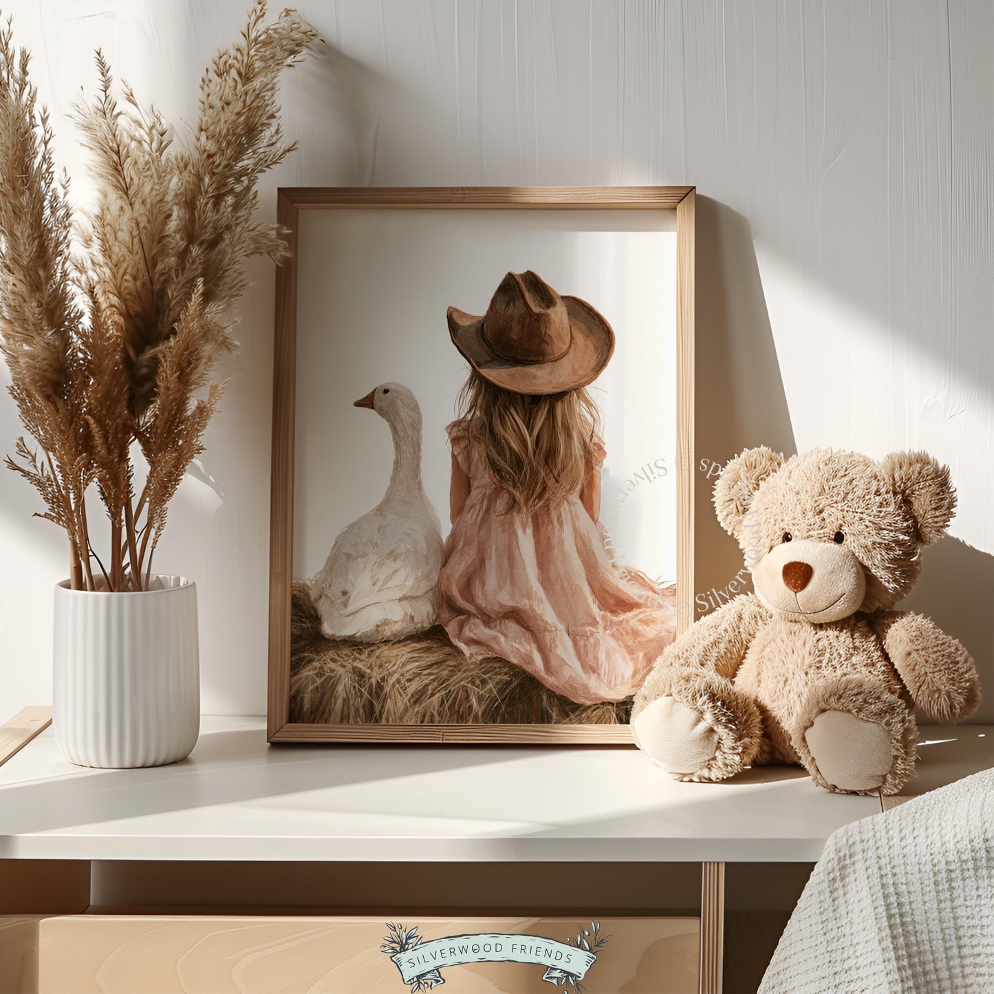 Young child with white bird poster for baby room — cottagecore style from behind, dusty rose palette