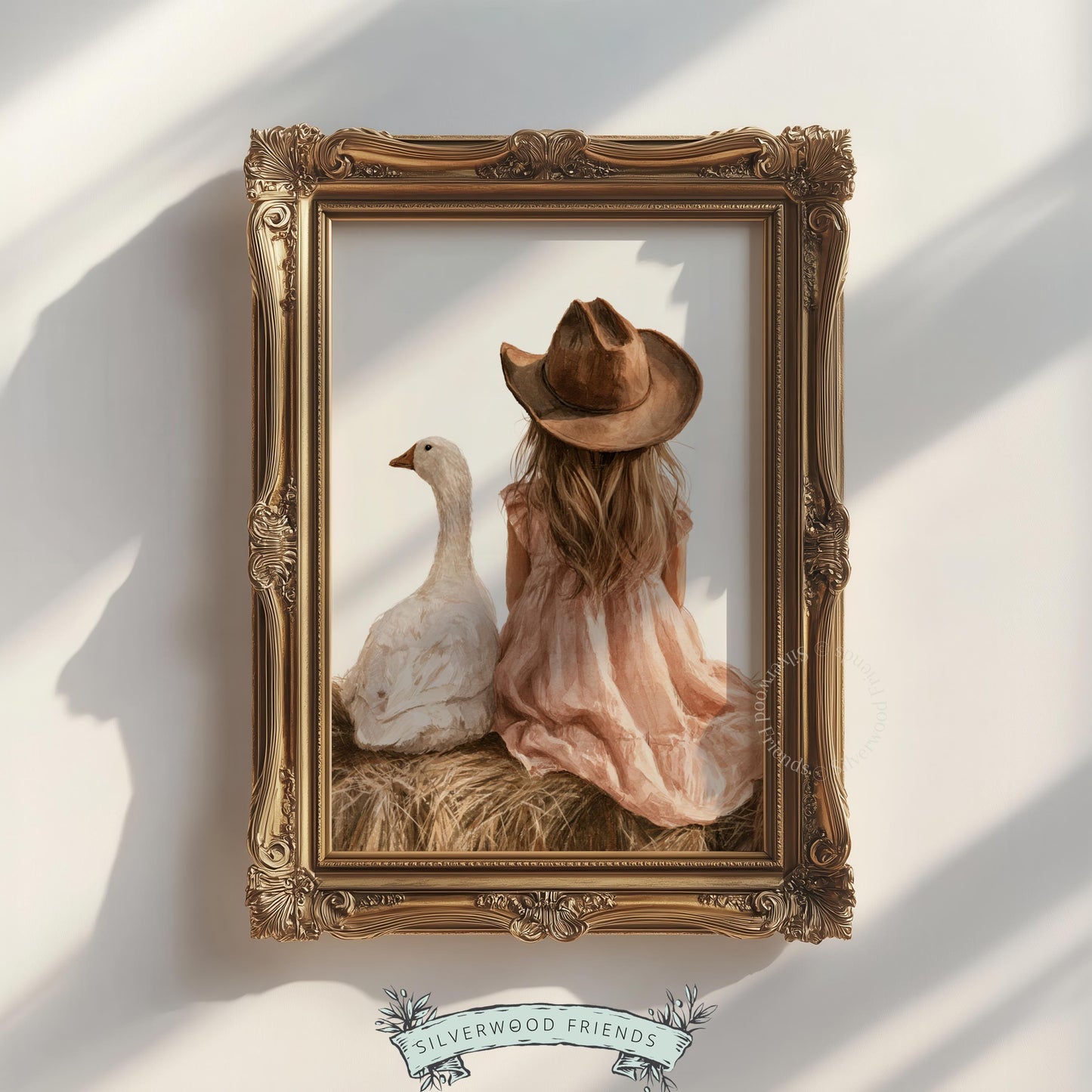 Adorable farm scene wall art printable for kids — child in blush dress with waterfowl, storybook style