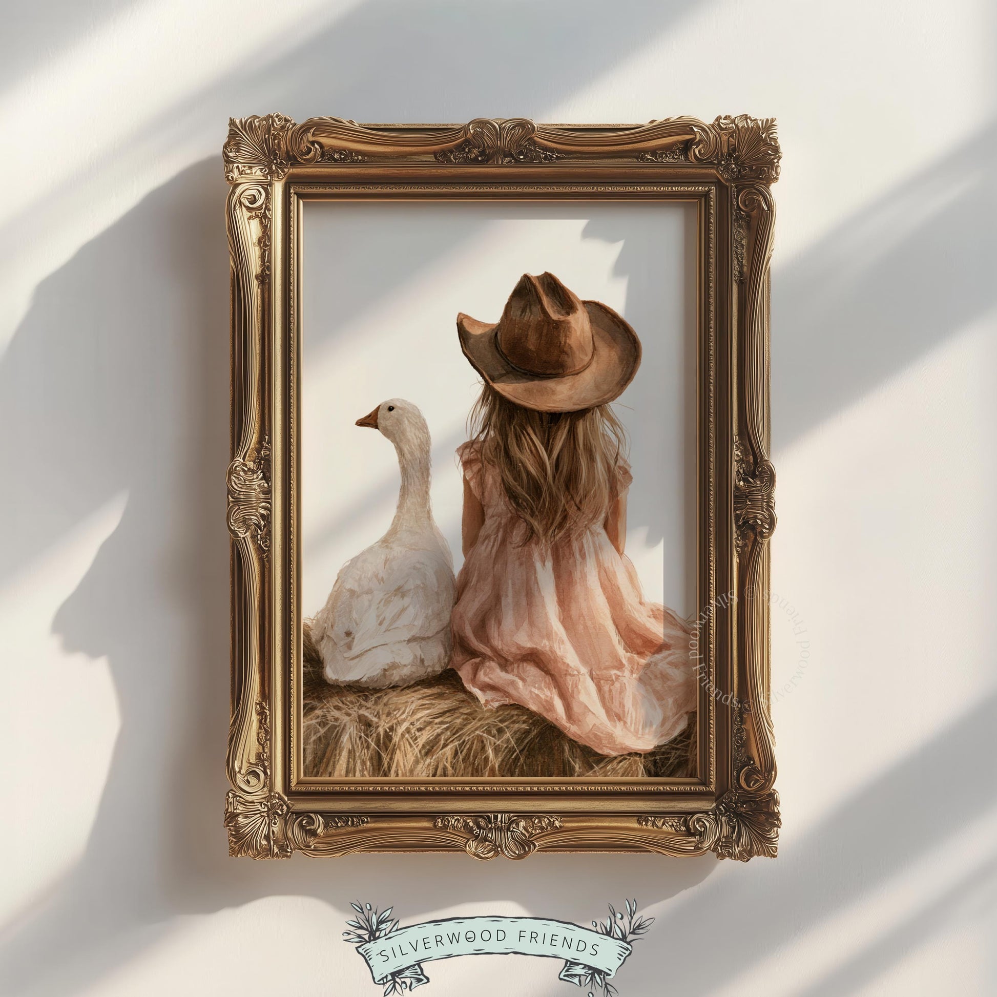 Adorable farm scene wall art printable for kids — child in blush dress with waterfowl, storybook style