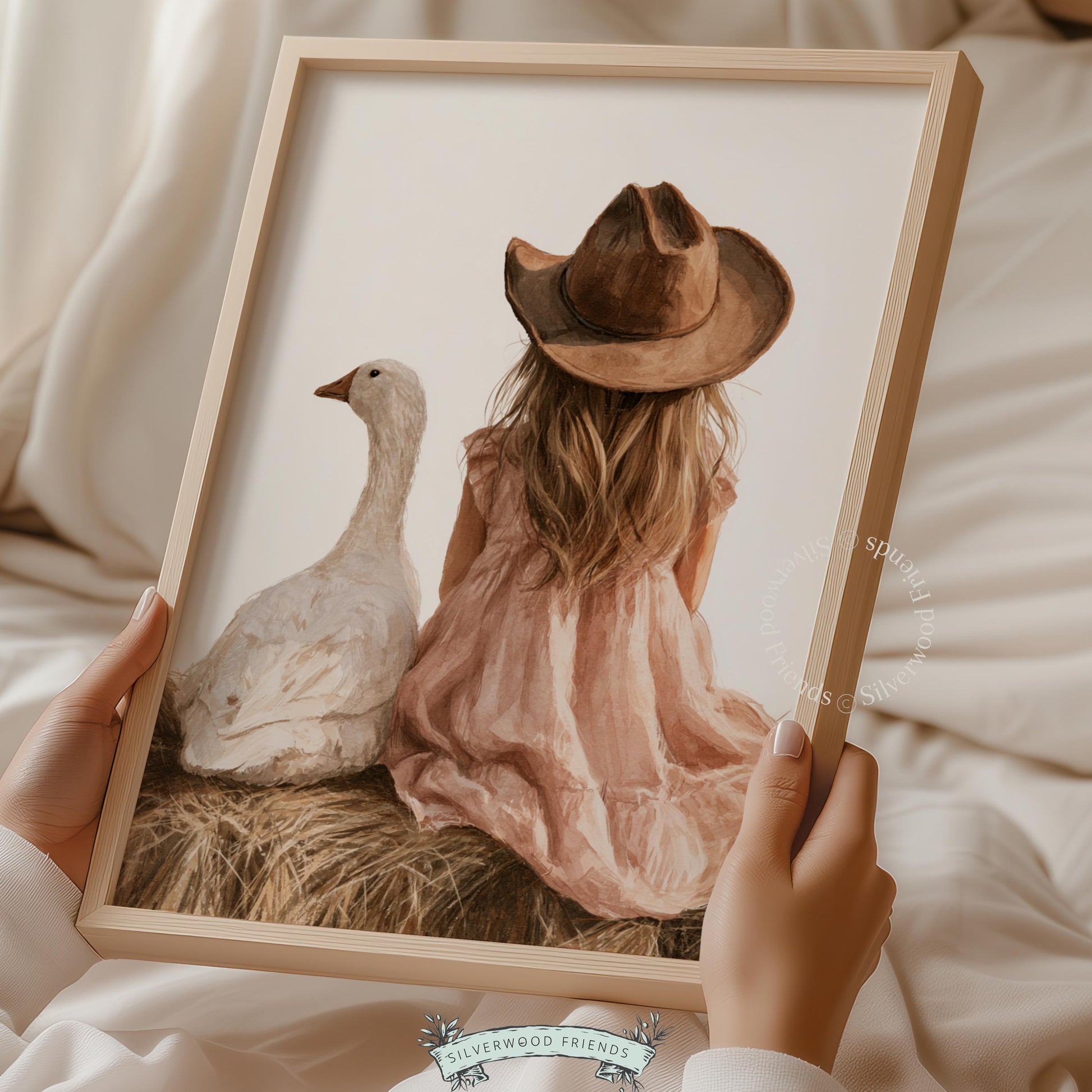 Farmhouse crib wall art for baby room — girl and white goose, soft painted style